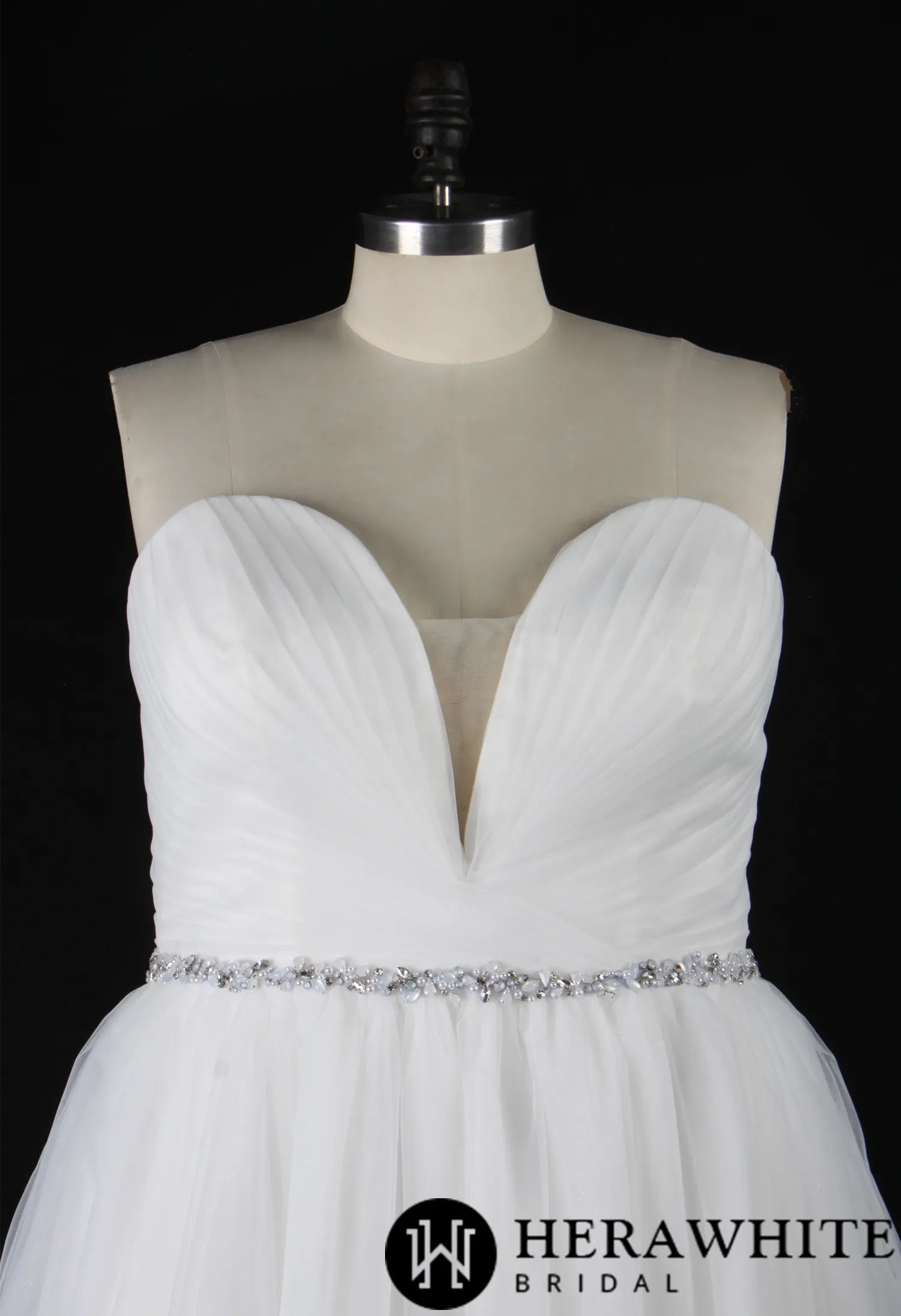 Deep V-Neck Pleated Bodice Tulle A-Line Wedding Dress