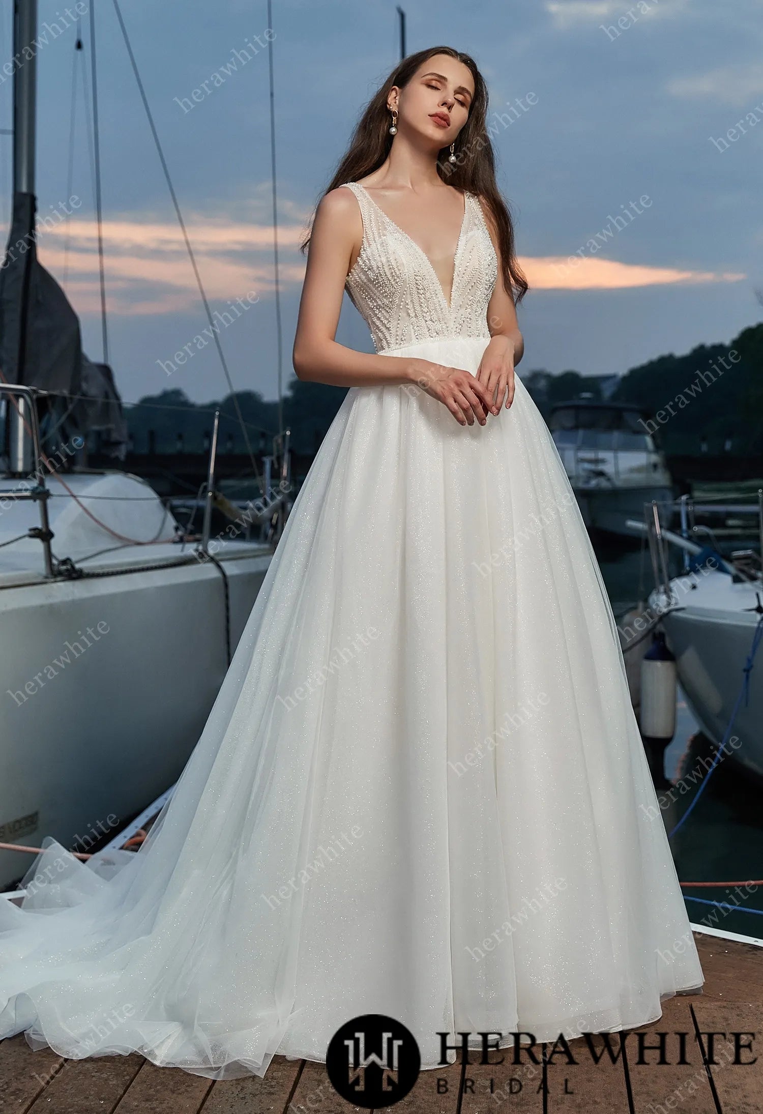 Modern Sparkly Glitter Tulle A-line Wedding Dress with V-neckline Forever & Always Modern Sparkly Glitter Tulle A-line Wedding Dress with V-neckline Forever & Always