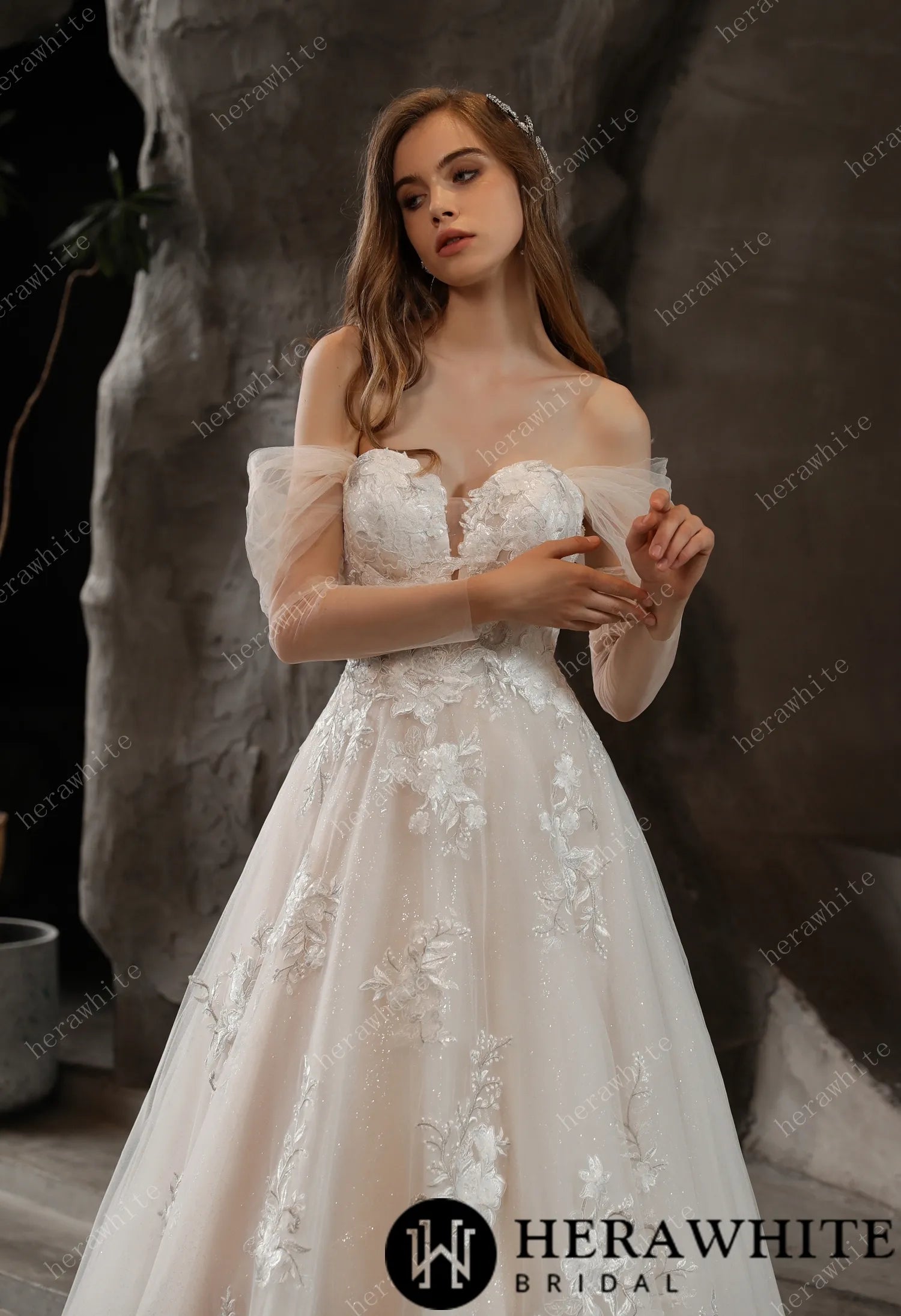 Off-the-Shoulder Romantic Wedding Ball Gown with Glamorous Floral Motifs