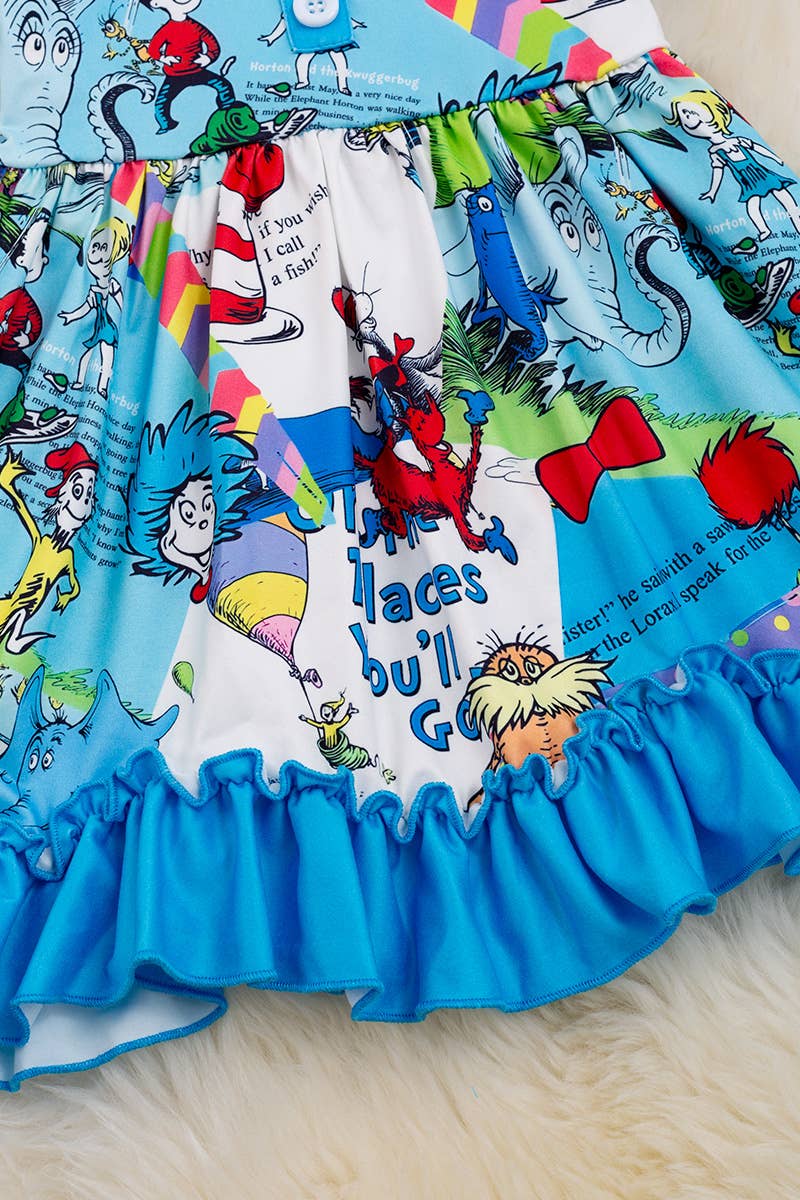 CAT IN THE HAT TURQUOISE DRESS WITH RUFFLE. DRG40198 AMY: XL