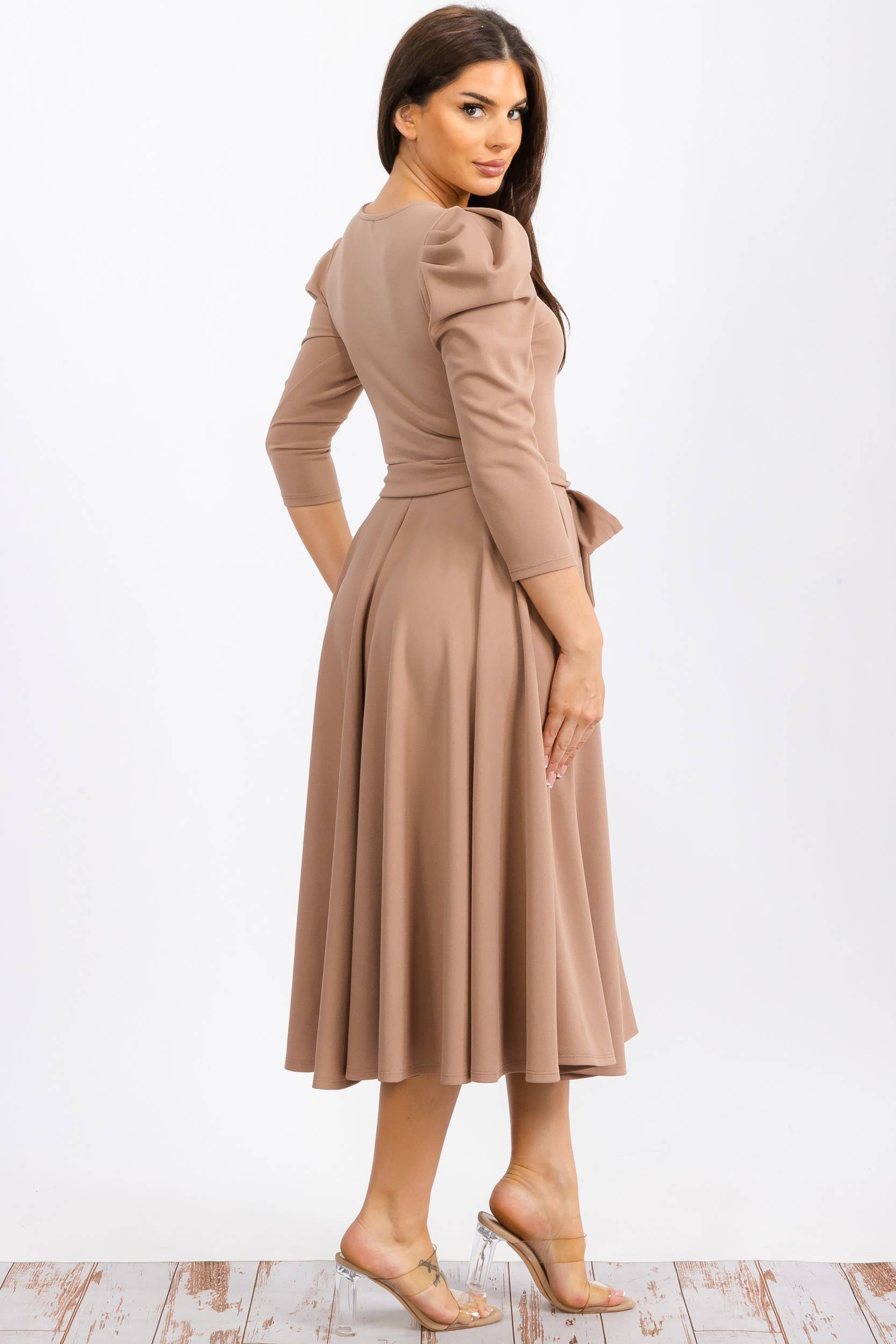HH698R-LS-S- Puff 3/4 Sleeve Midi Cocktail Dress