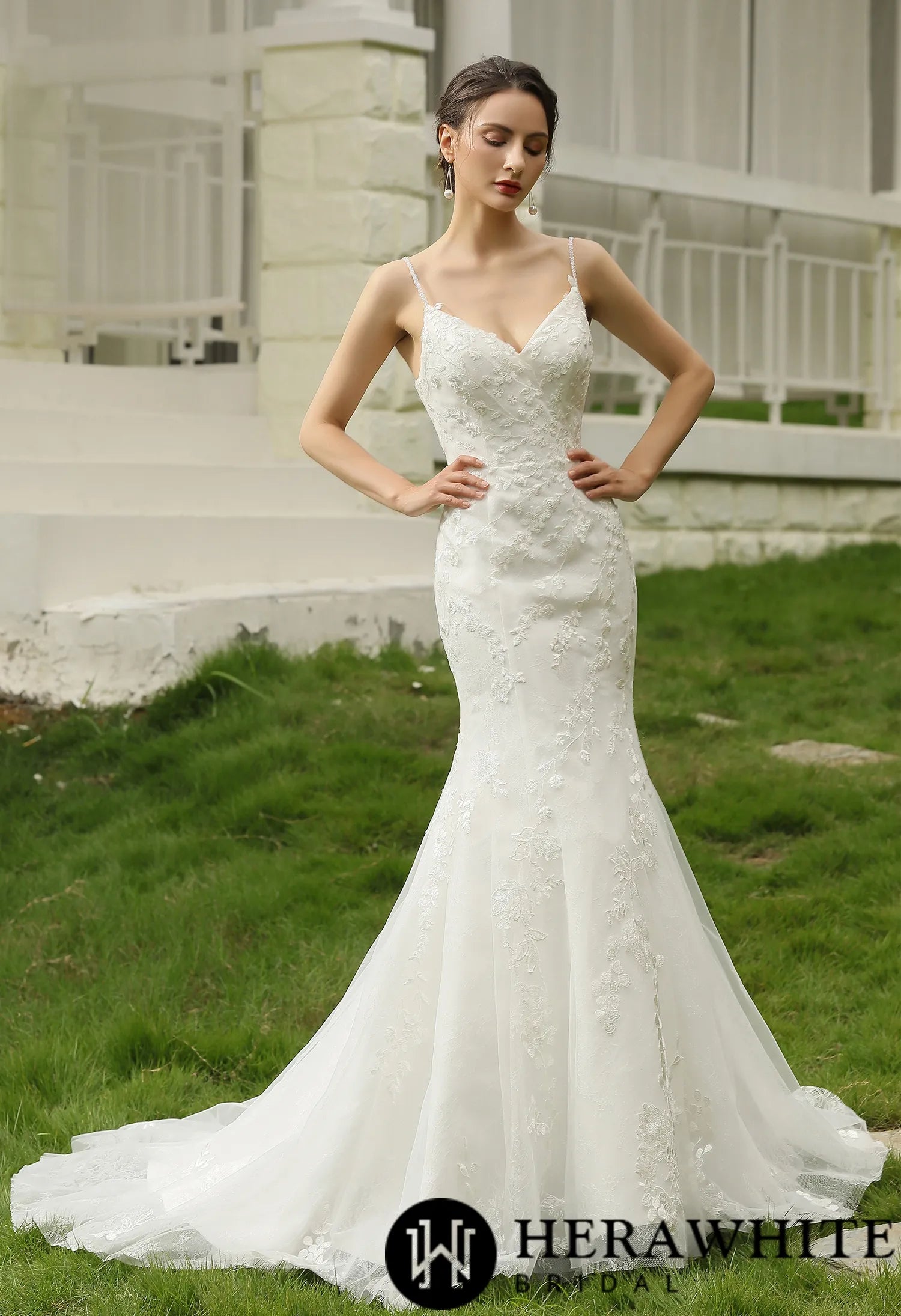 Spaghetti Beading Strap Fit To Flare Wedding Dress