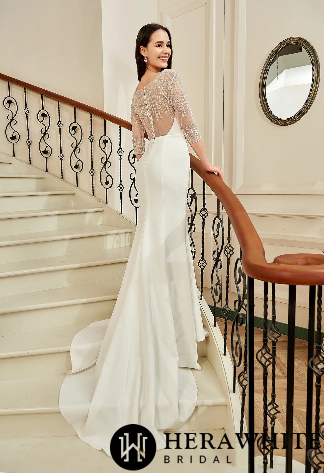 Bateau Neckline Long Train Crepe Bridal Gown With Beaded Illusion Back