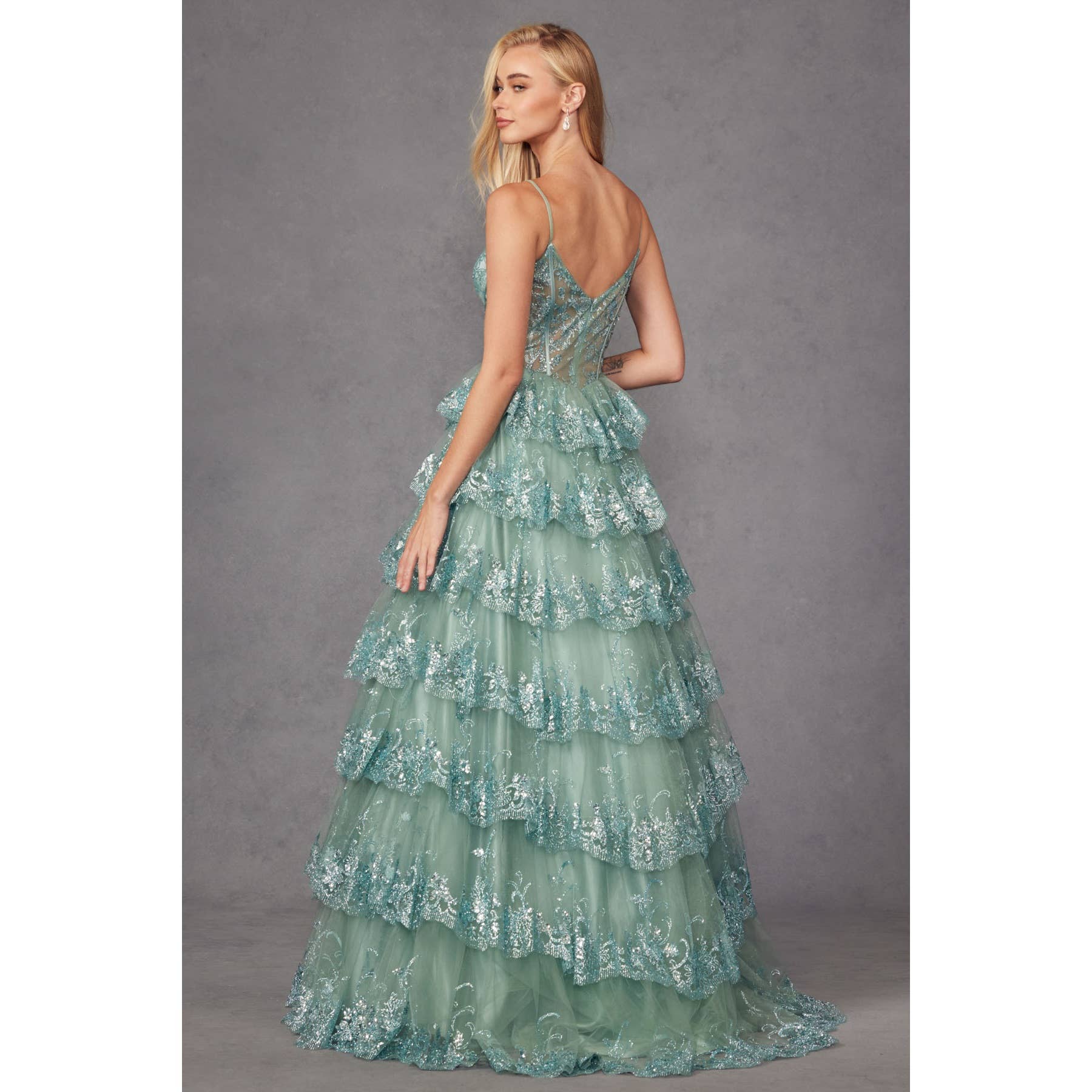 RUFFLE TULLE LACE SEQUIN BALL GOWN WITH SHEER CORSET BODICE