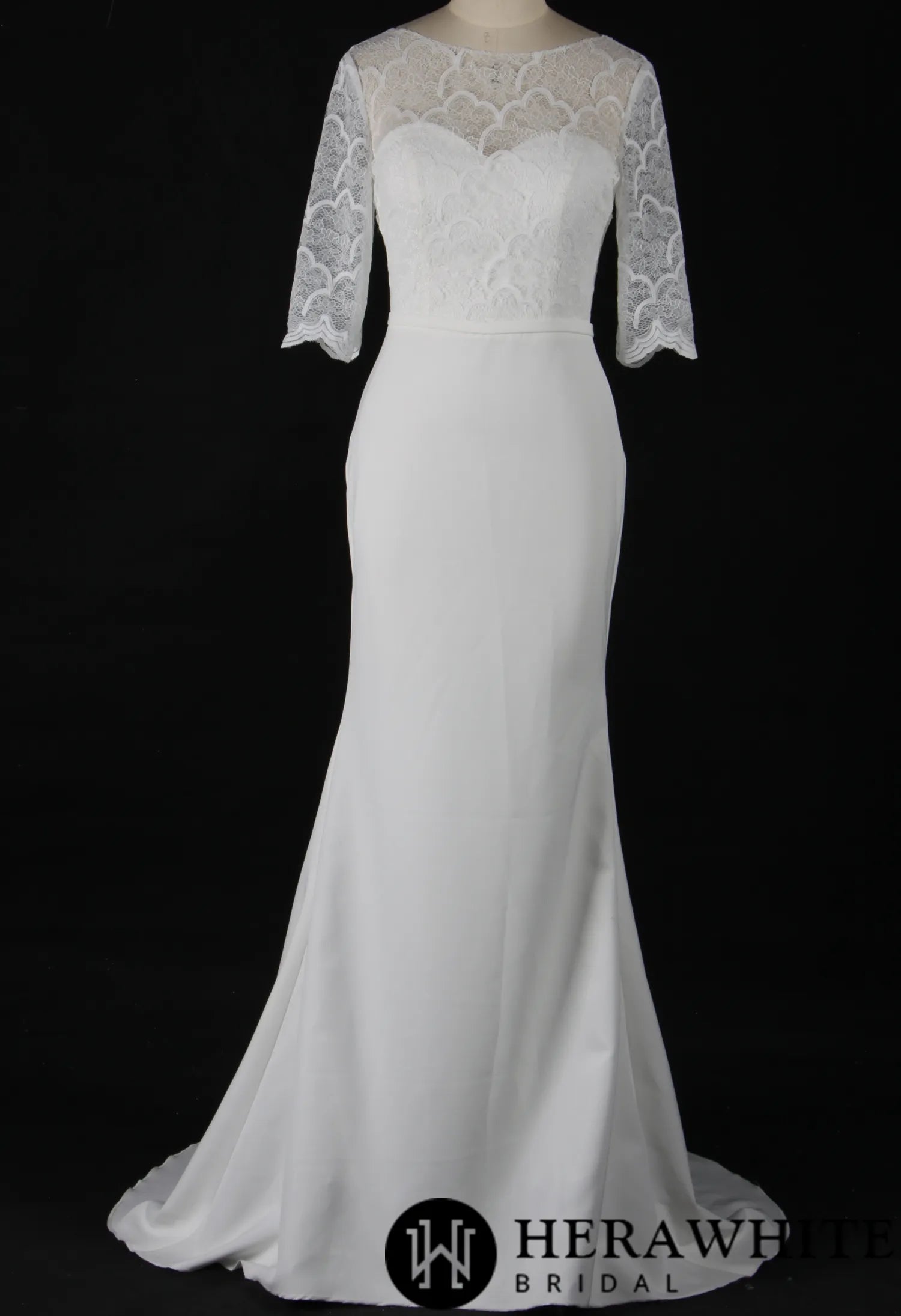 Crepe Long Sleeve Modest Lace Sheath Wedding Dress