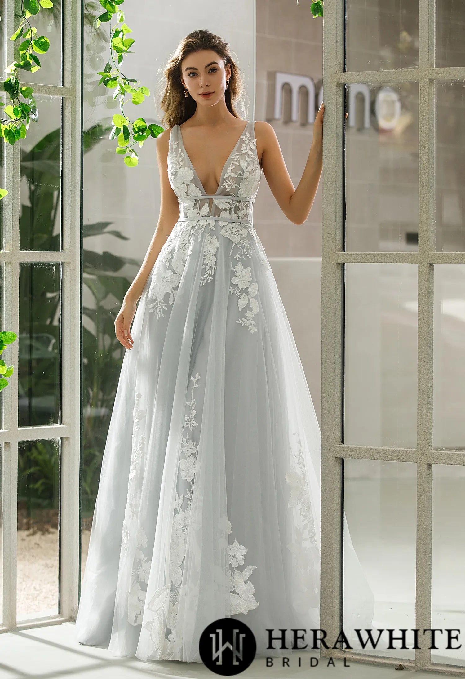 Plunging V-neck Wedding Dress With Floral Motifs