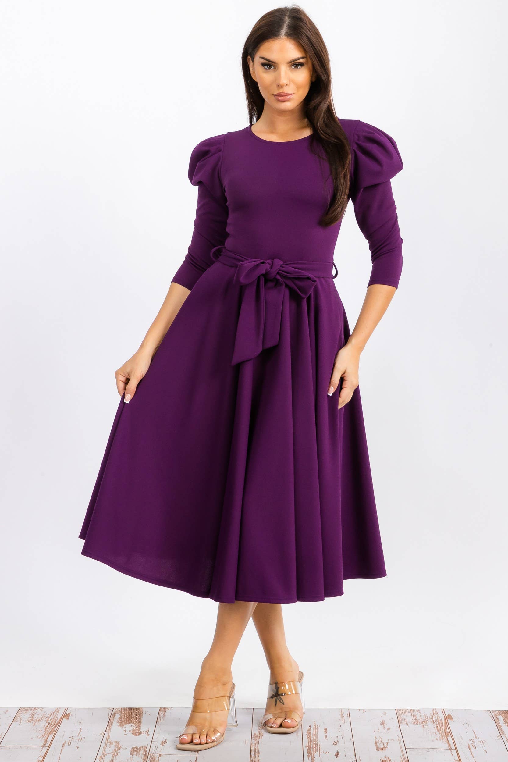 HH698R-LS-S- Puff 3/4 Sleeve Midi Cocktail Dress