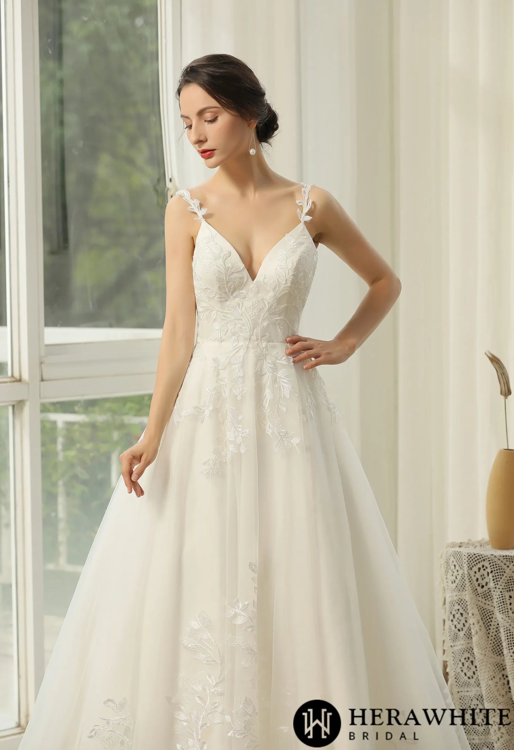 Appliquéd Straps Keyhole Back Bridal Gown
