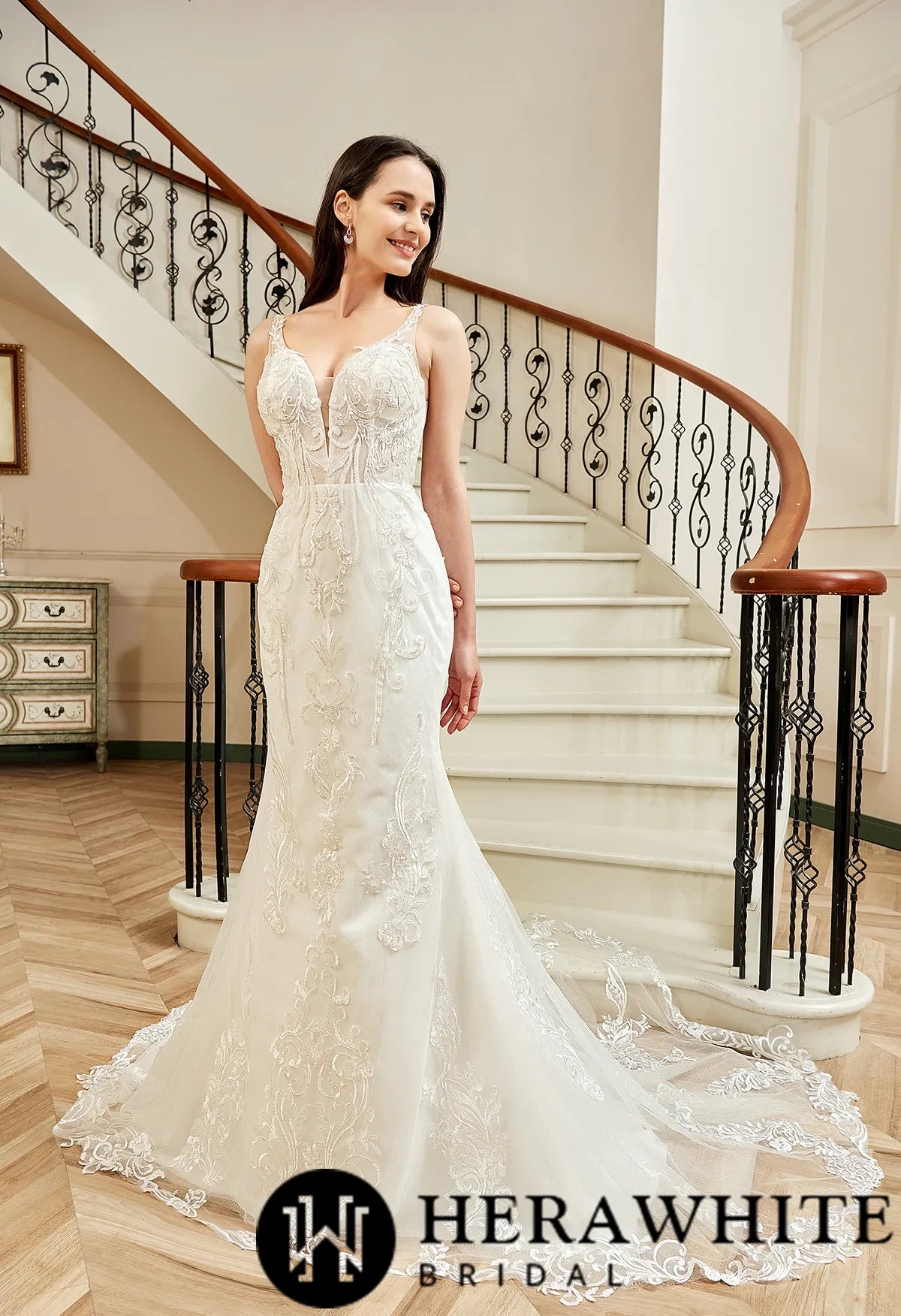 Sequin Beaded Illusion Back Wedding Dress With Long Lace Tulle Trian