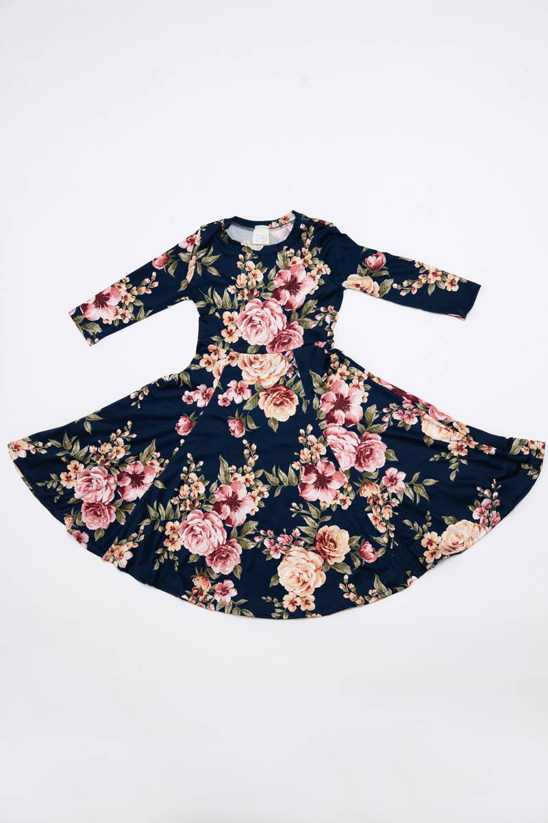 Girl's Princess Seam A-Line Dress with Full Skirt: MUSTARD FLORAL / S (5/6Y)