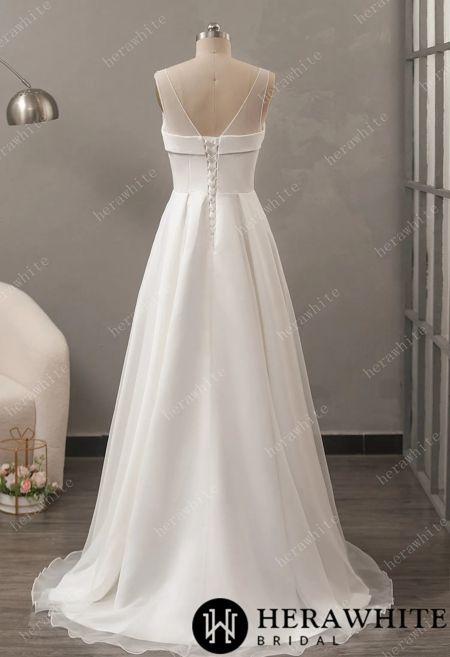 Elegant A-Line with Organza Skirt and V-neck