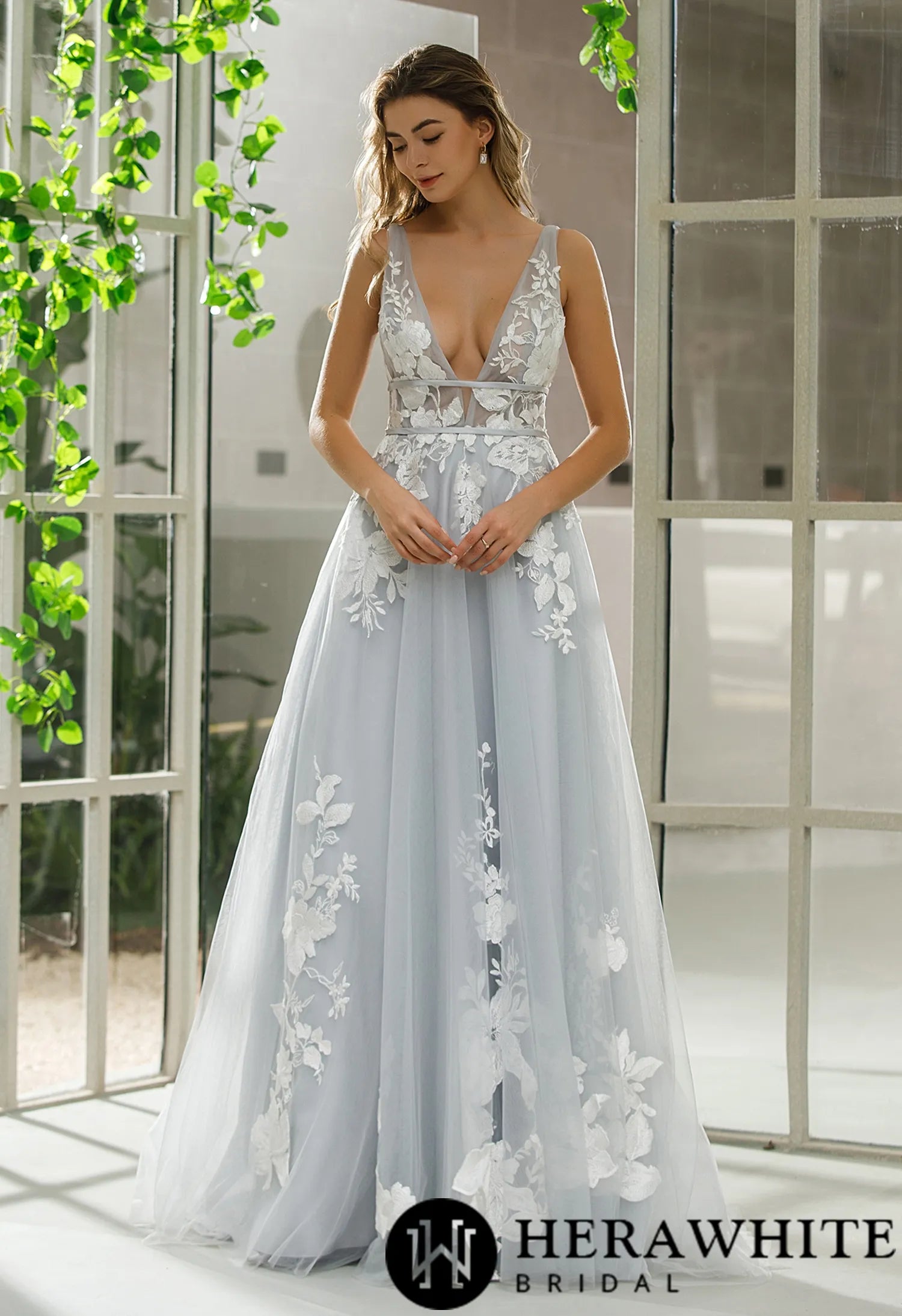 Plunging V-neck Wedding Dress With Floral Motifs