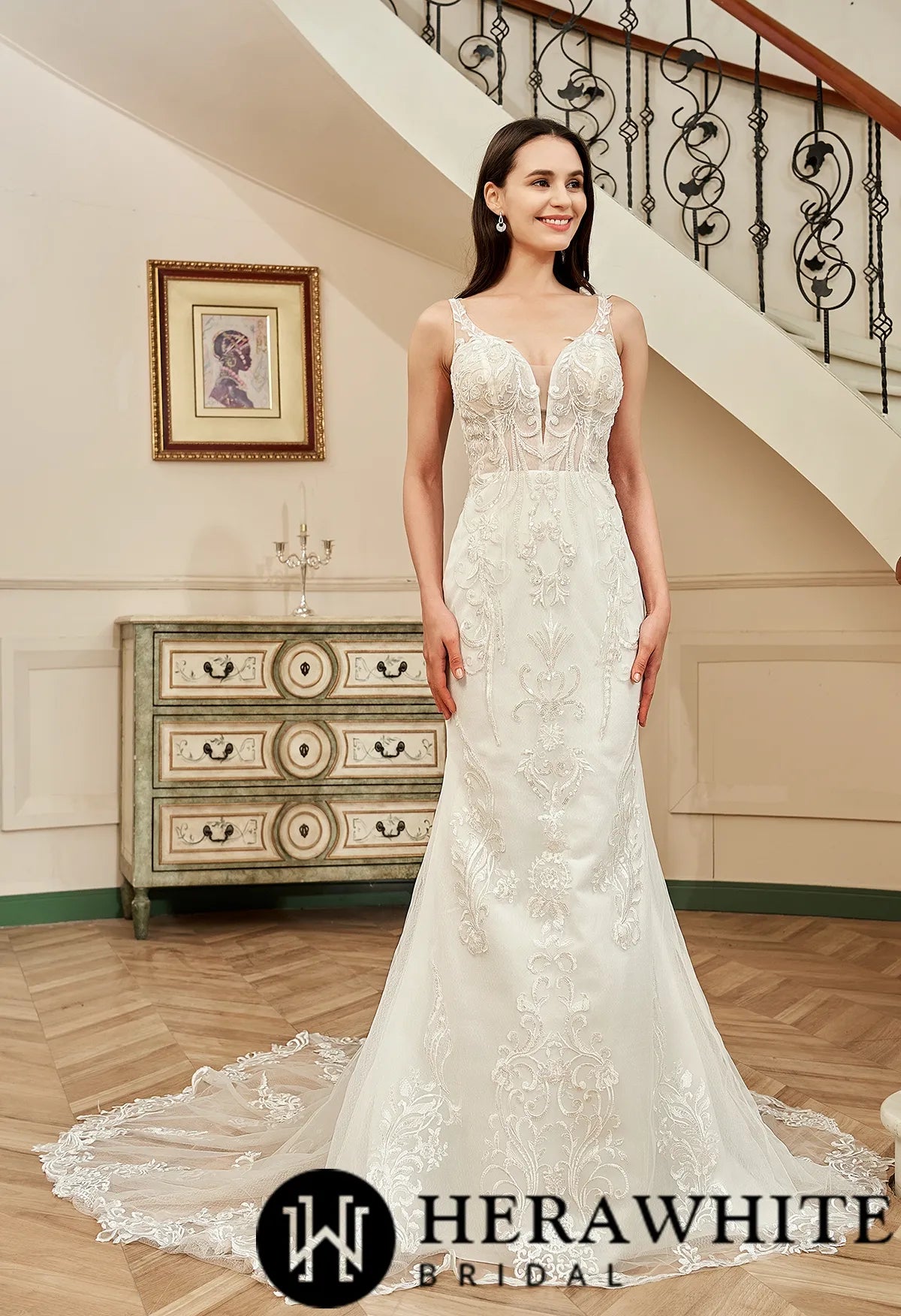 Sequin Beaded Illusion Back Wedding Dress With Long Lace Tulle Trian