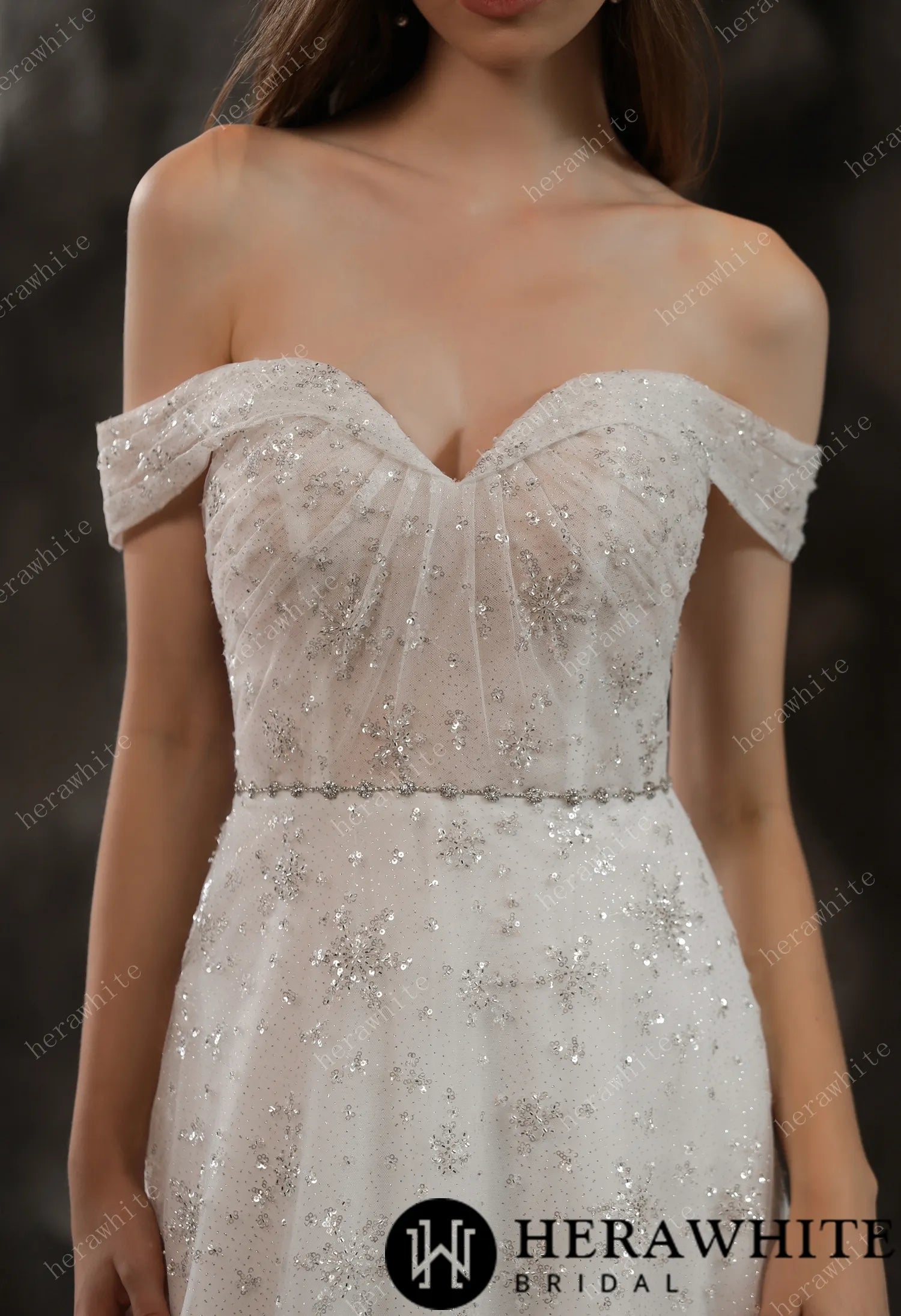 Sparkly Beaded Lace A-Line Bridal Gown With Off the Shoulder Neckline
