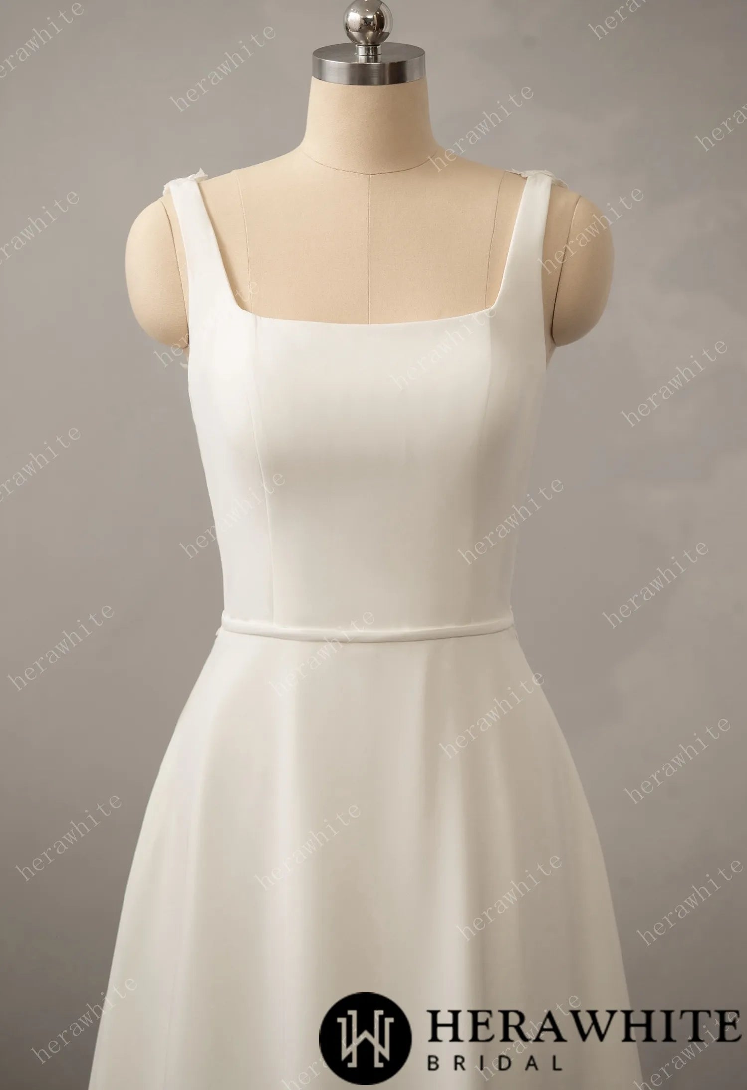 Square Neck Stretch Crepe A-line Gown with Illusion Back
