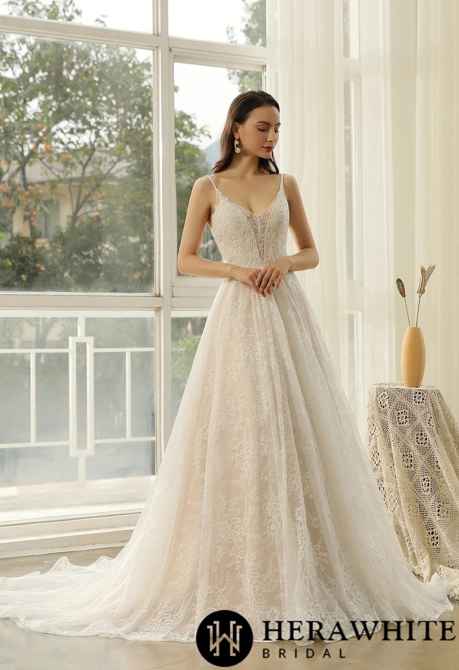 Beaded Lace A-line Wedding Dress With Spaghetti Straps
