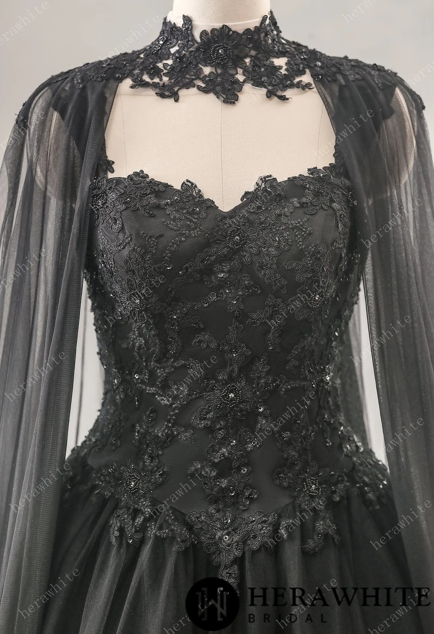 Relaxed A-Line Black Wedding Dress With Detachable Cape