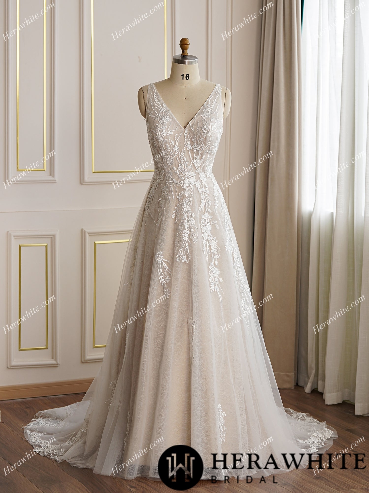 V-neckline Floral Lace A-line Wedding Dress