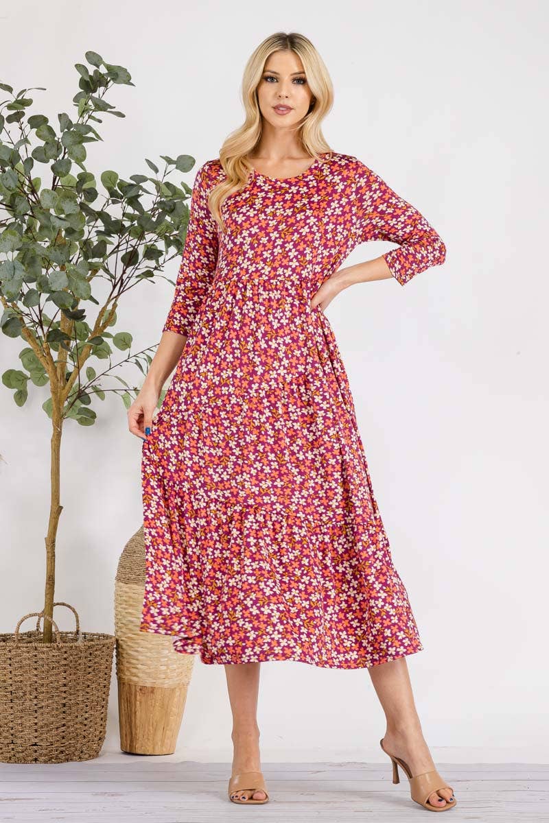 MAGENTA FLORAL TIERED MIDI-DRESS MISSY & PLUS SIZE -CD43848E