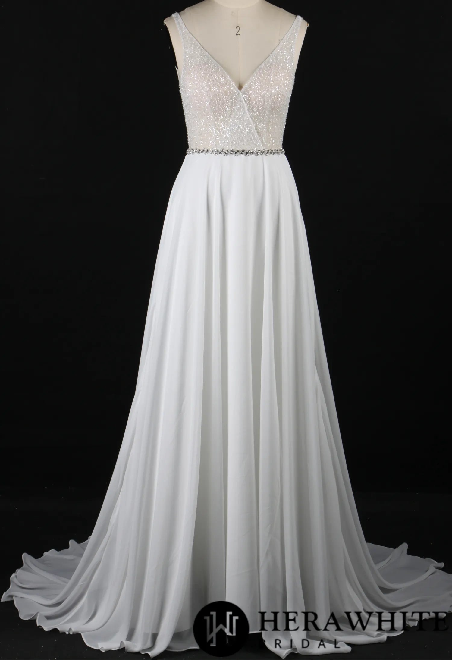 Crystal and beading V Neck Aline Chiffon Wedding Dress