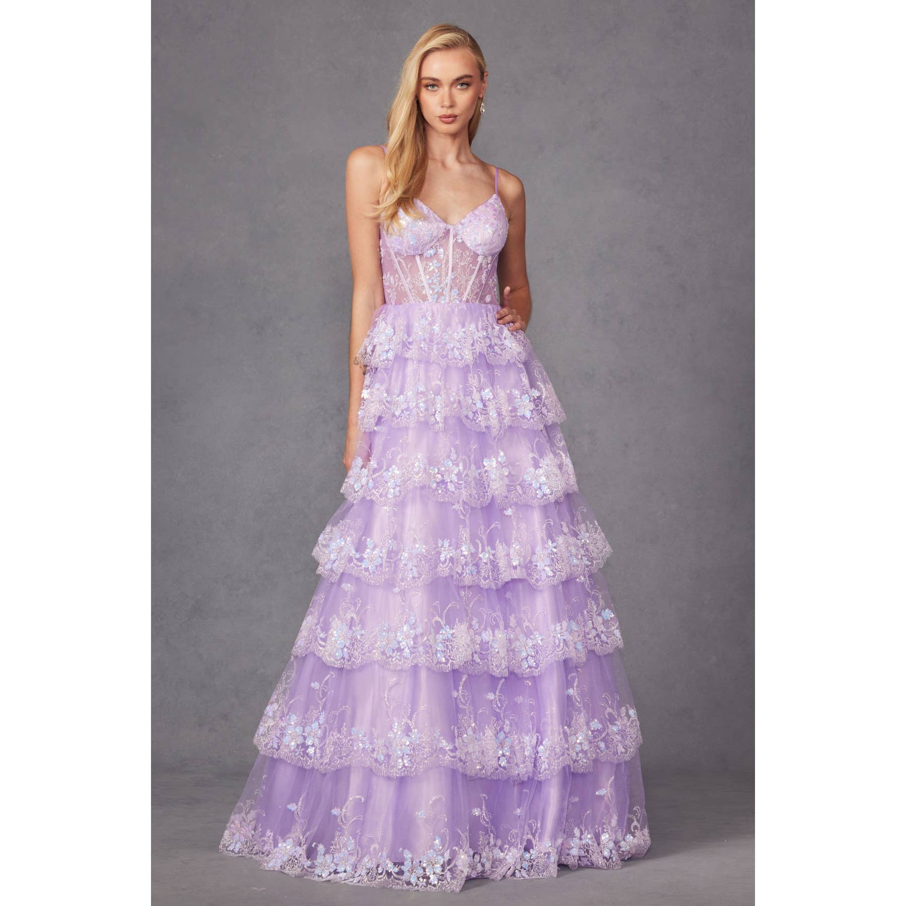 RUFFLE TULLE LACE SEQUIN BALL GOWN WITH SHEER CORSET BODICE