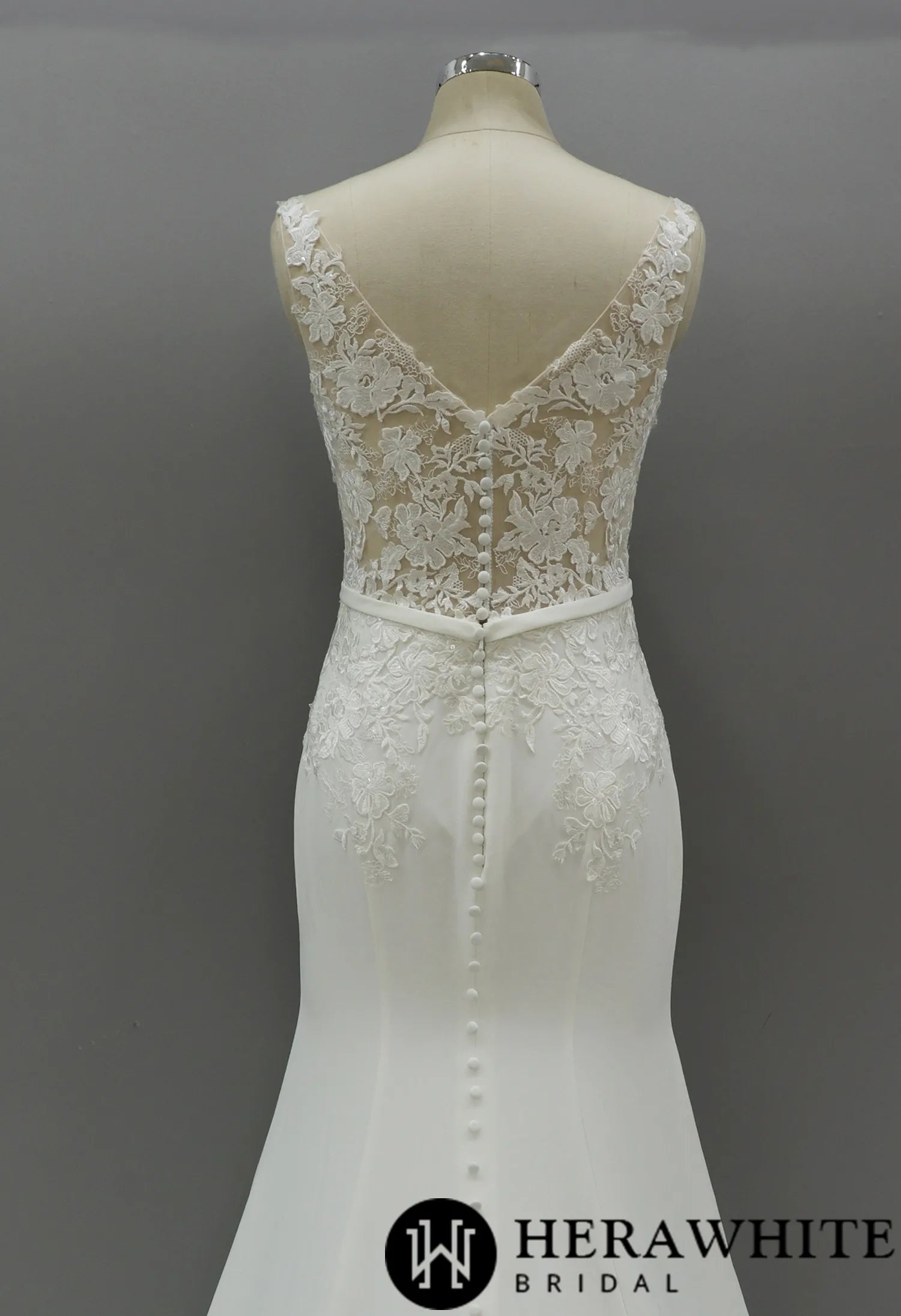Illusion Hign Neckline Wedding Dress with Crepe Skirt