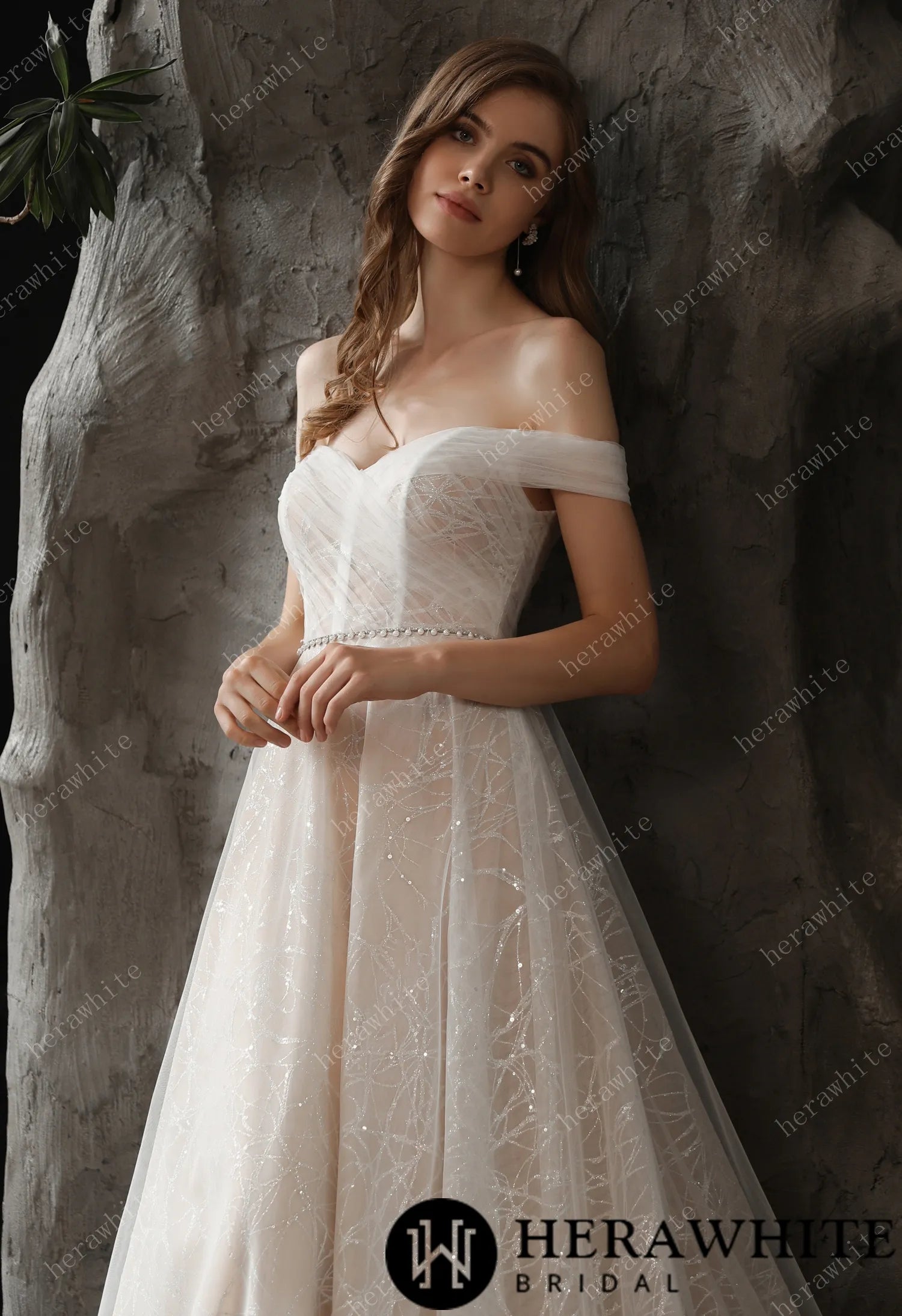 Shimmer Off-the-shoulder Neckline A-line Tulle Wedding Dress
