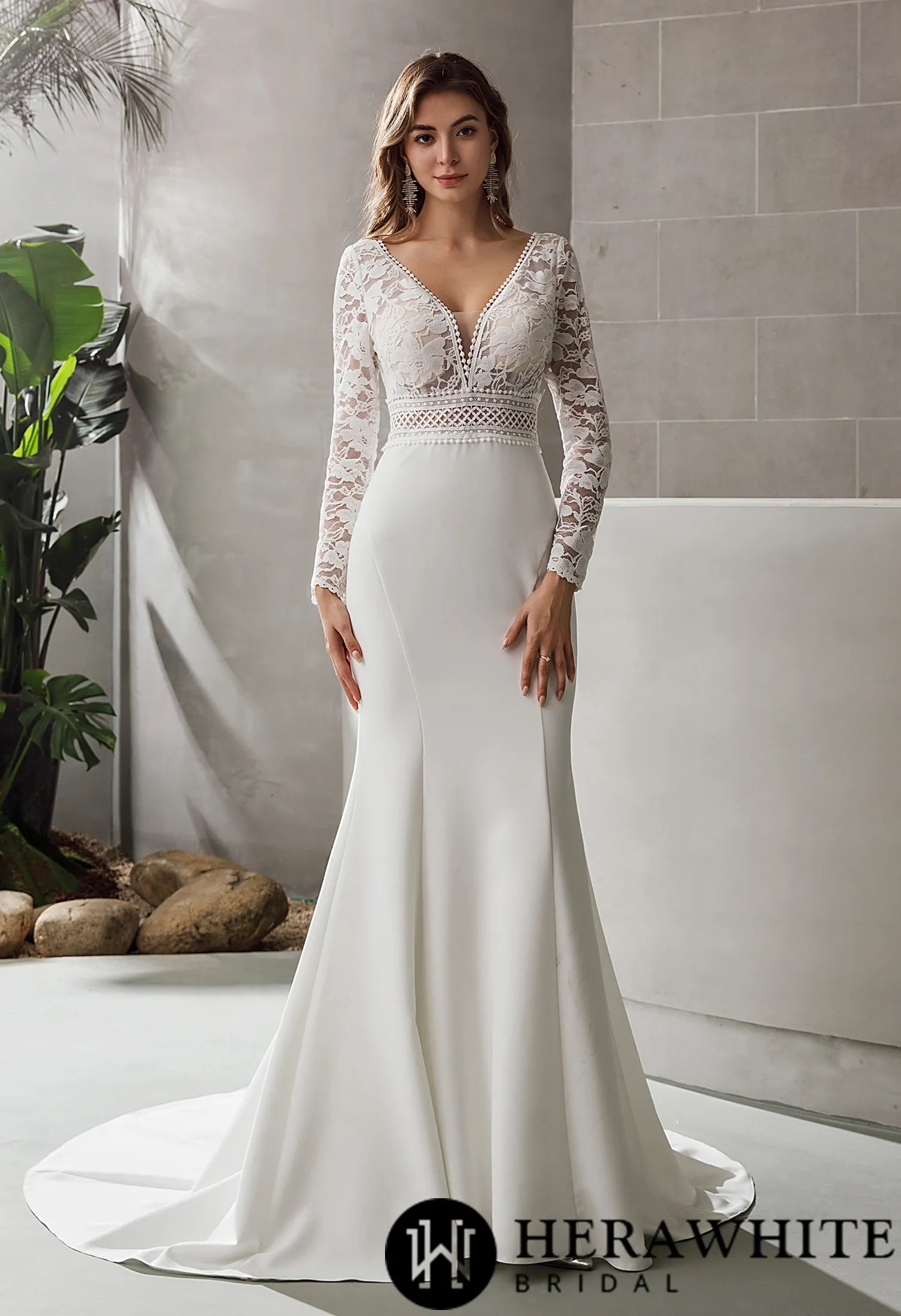 Long Sleeve Plunging V-neck Crepe Wedding Dress