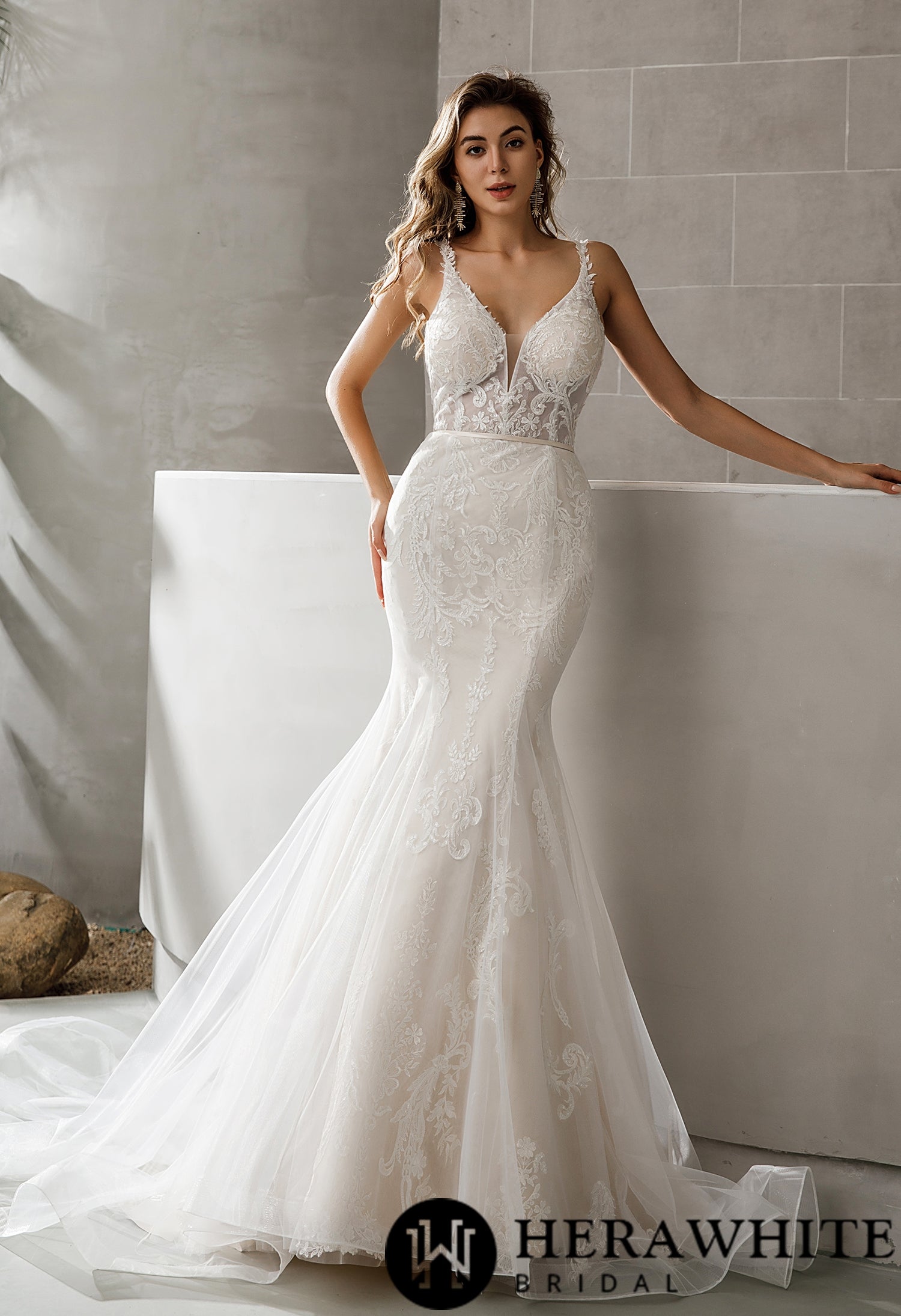 Geometric Lace Fit and Flare Bridal Gown With Sheer Train