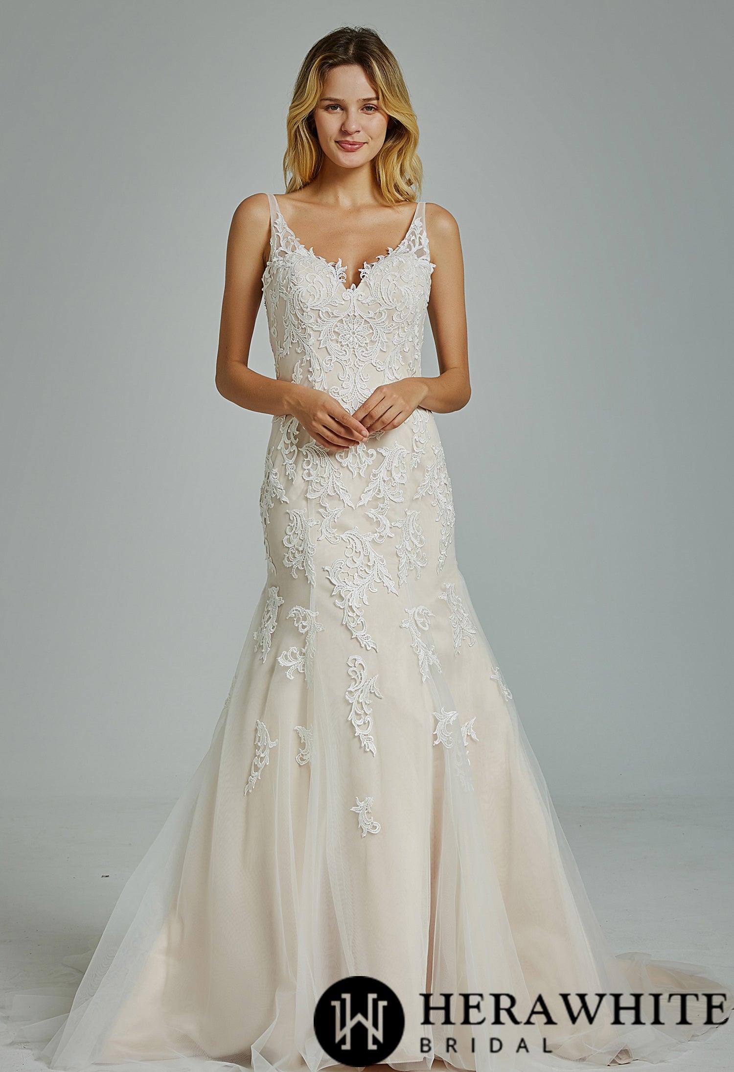 Gorgeous Appliques V Neck Fit& Flare Wedding Gown