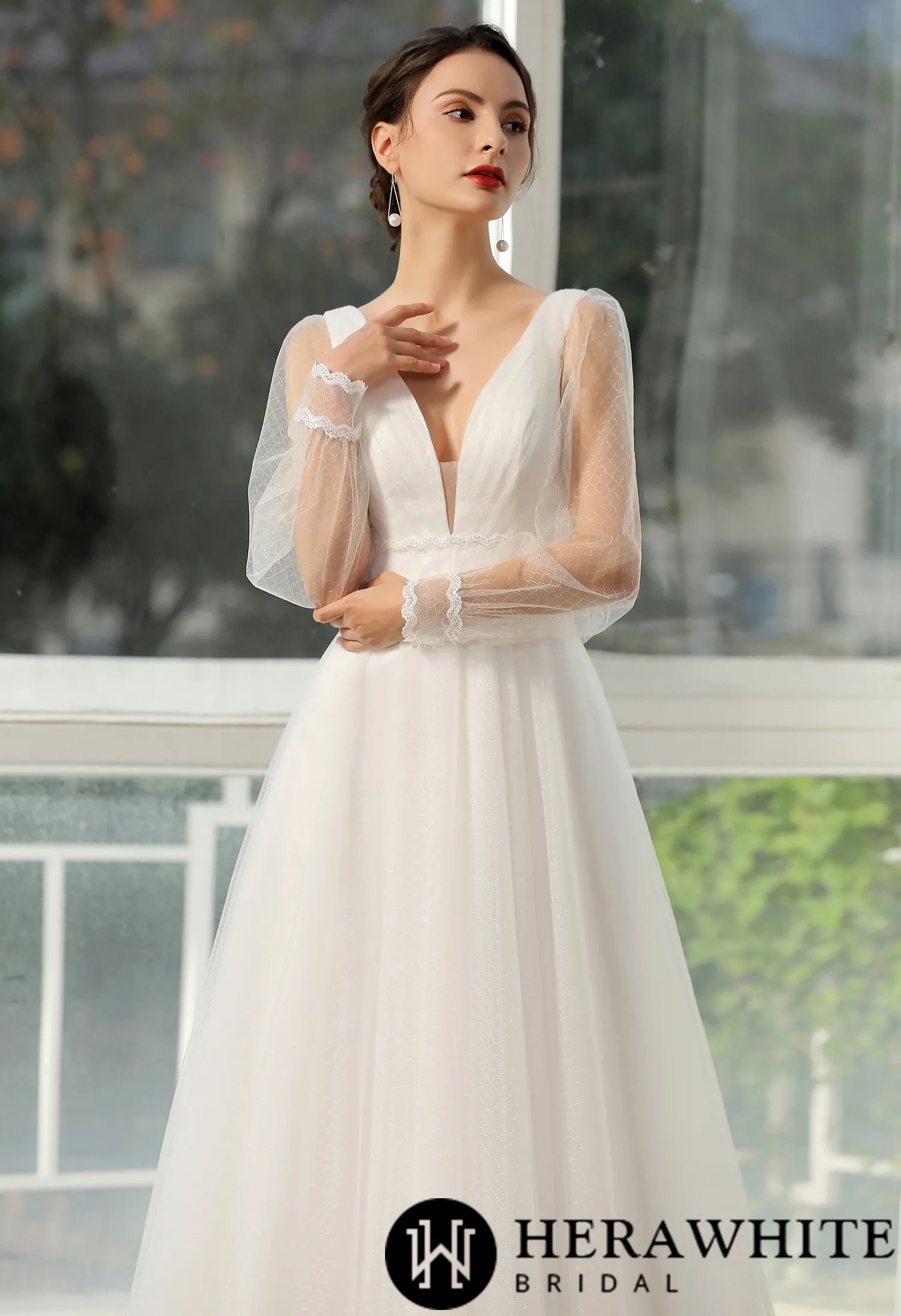 Bishop long Sleeve Ruched Illusion V-neckline Bridal Gown