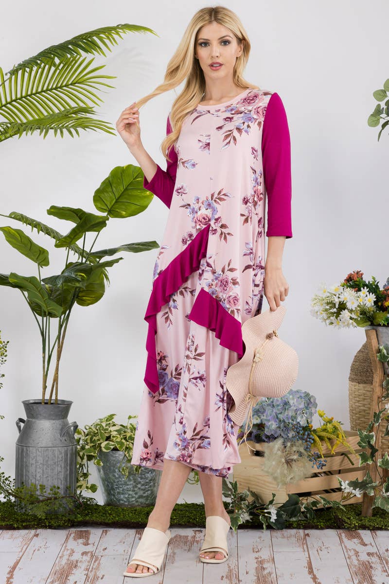 FLORAL CONTRAST MID-DRESS WITH RUFFLE DETAILS -CD43841C