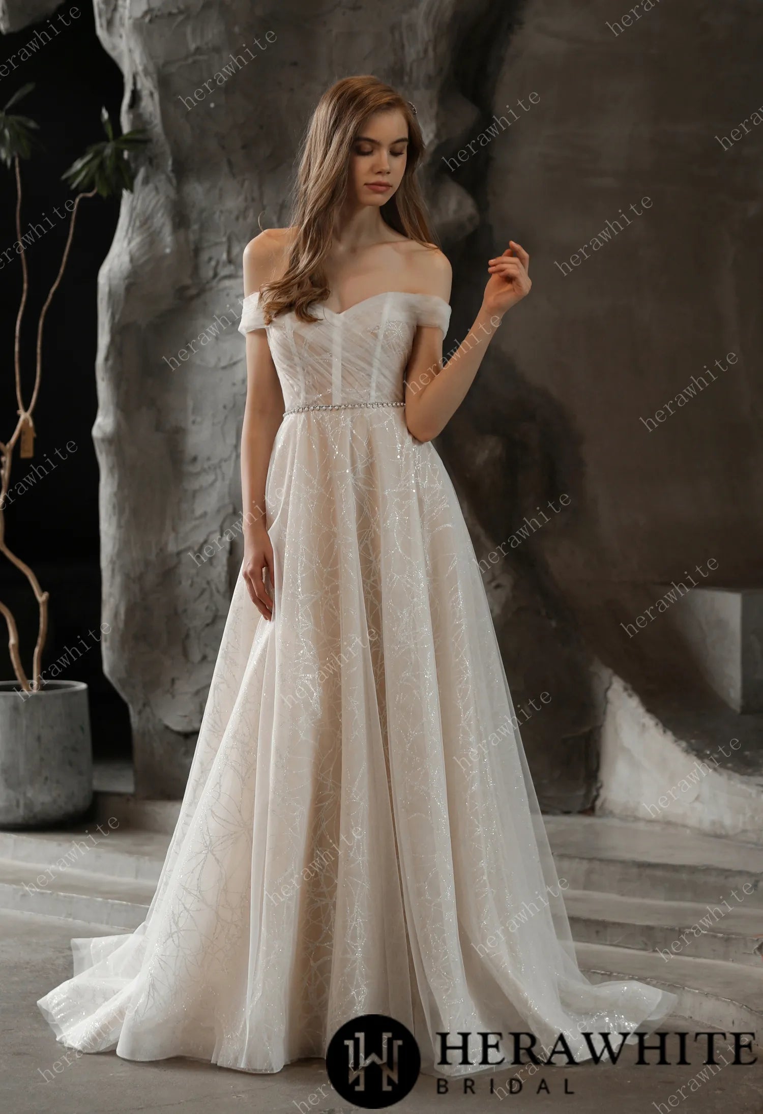 Shimmer Off-the-shoulder Neckline A-line Tulle Wedding Dress