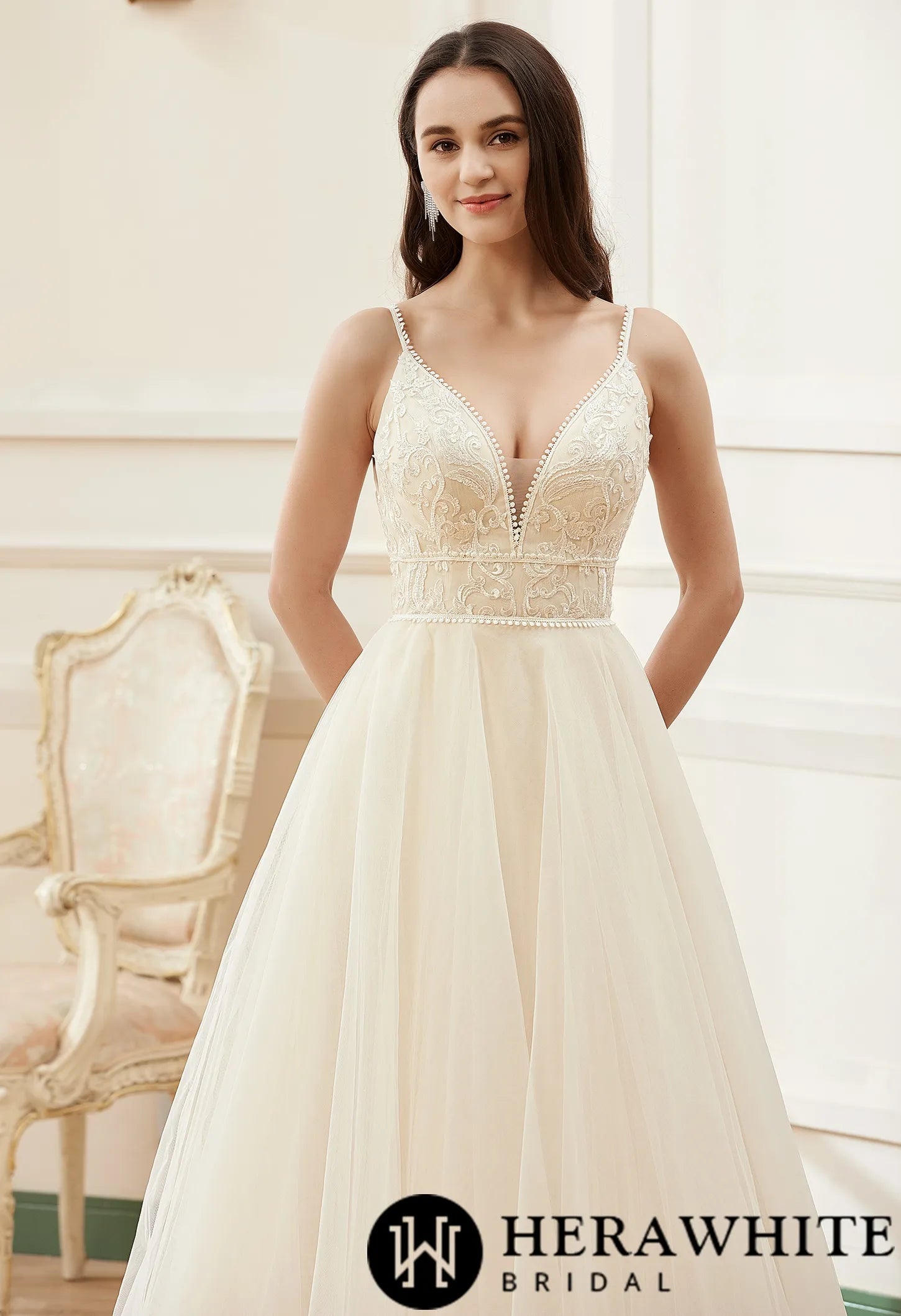 Champagne Romantic Spaghetti Straps A-Line Wedding Dress