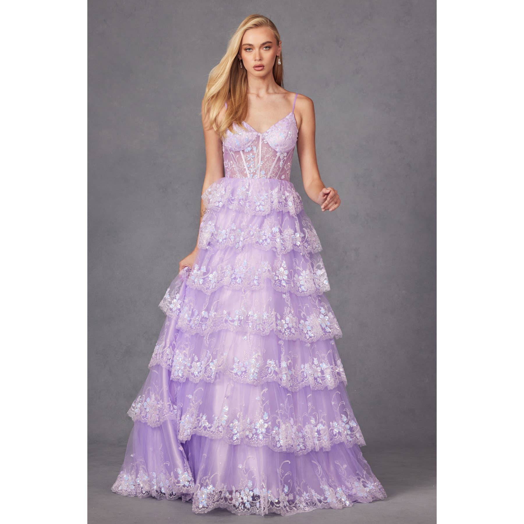 RUFFLE TULLE LACE SEQUIN BALL GOWN WITH SHEER CORSET BODICE