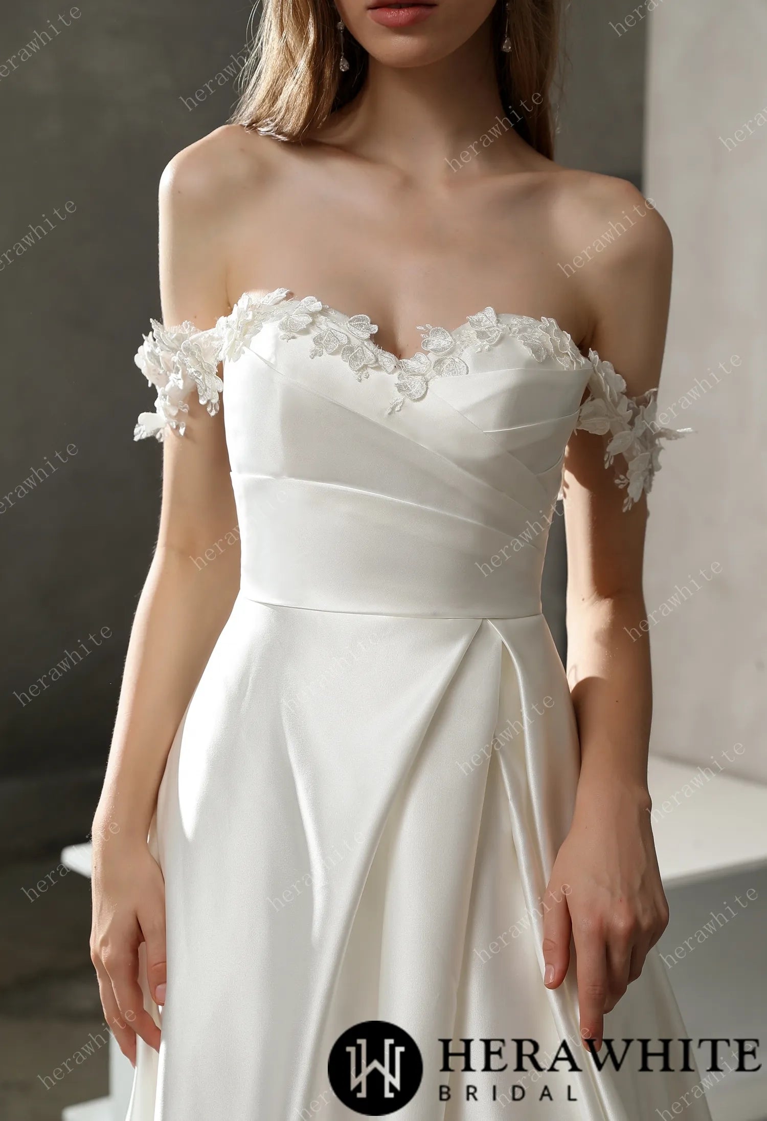 Satin Off-the-shoulder A-line Bridal Gown with Slit Skirt