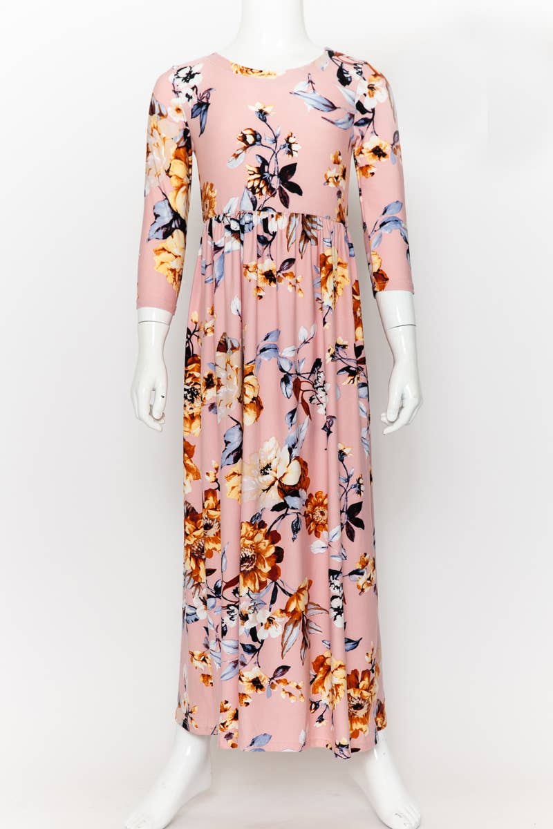 Girls Fit and Flare Floral Maxi Dress: FLORAL ORANGE / L