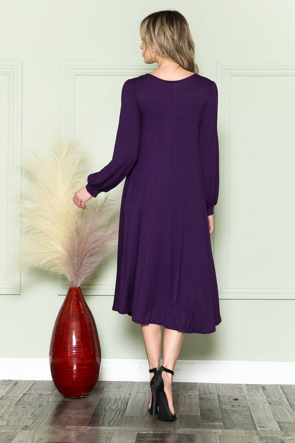 Bishop Sleeve Midi Dress: EGGPLANT / L