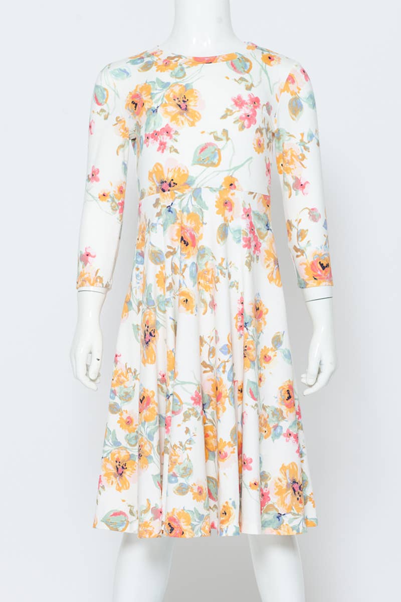 Girl's Princess Seam A-Line Dress with Full Skirt: MUSTARD FLORAL / S (5/6Y)
