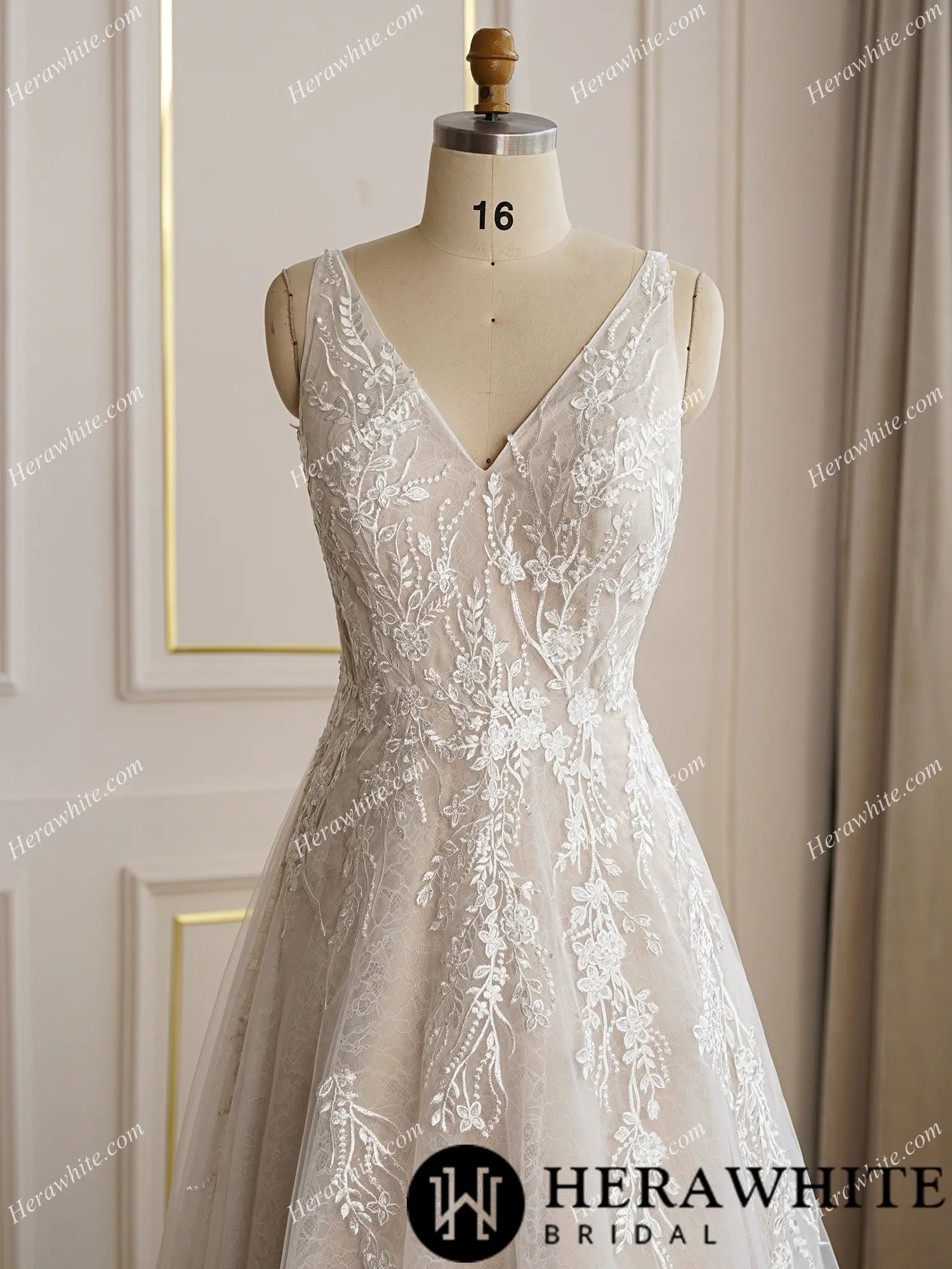 V-neckline Floral Lace A-line Wedding Dress