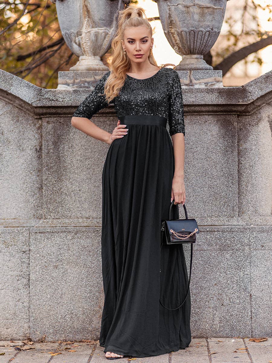 Elegant Round Neckline Sequins Patchwork Dress: 20 / Red