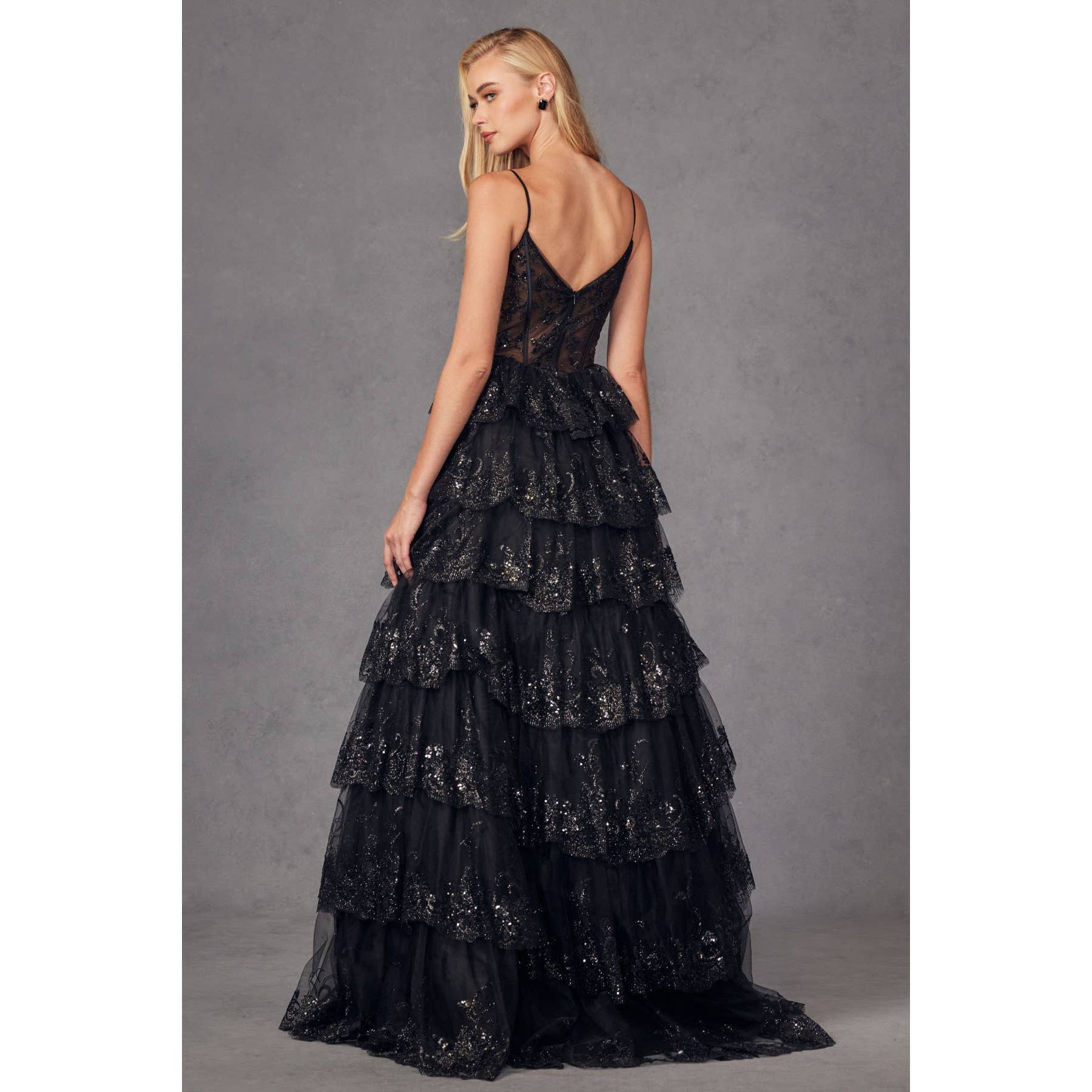 RUFFLE TULLE LACE SEQUIN BALL GOWN WITH SHEER CORSET BODICE