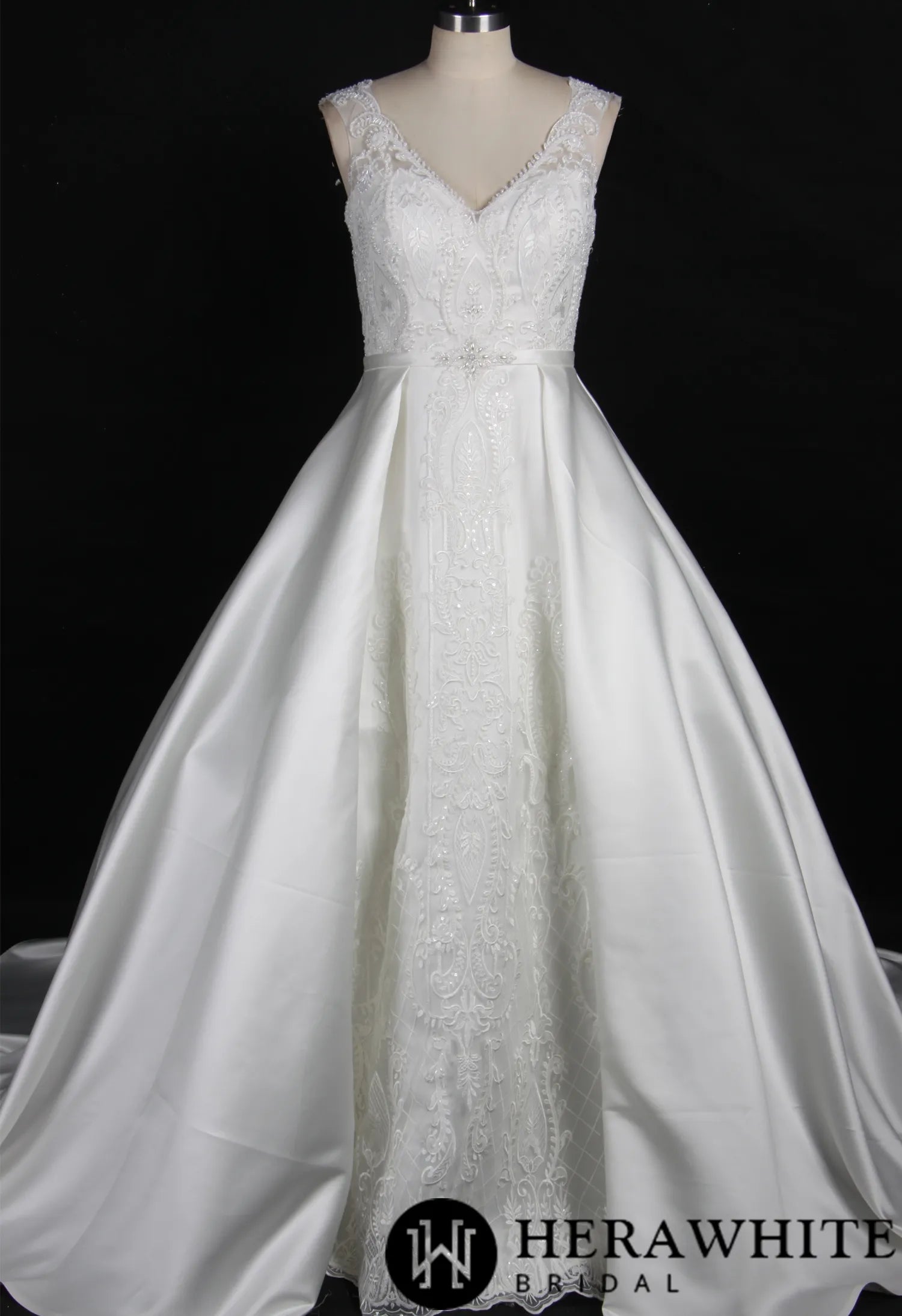 Simple Satin Wedding Ballgown With Beaded Lace