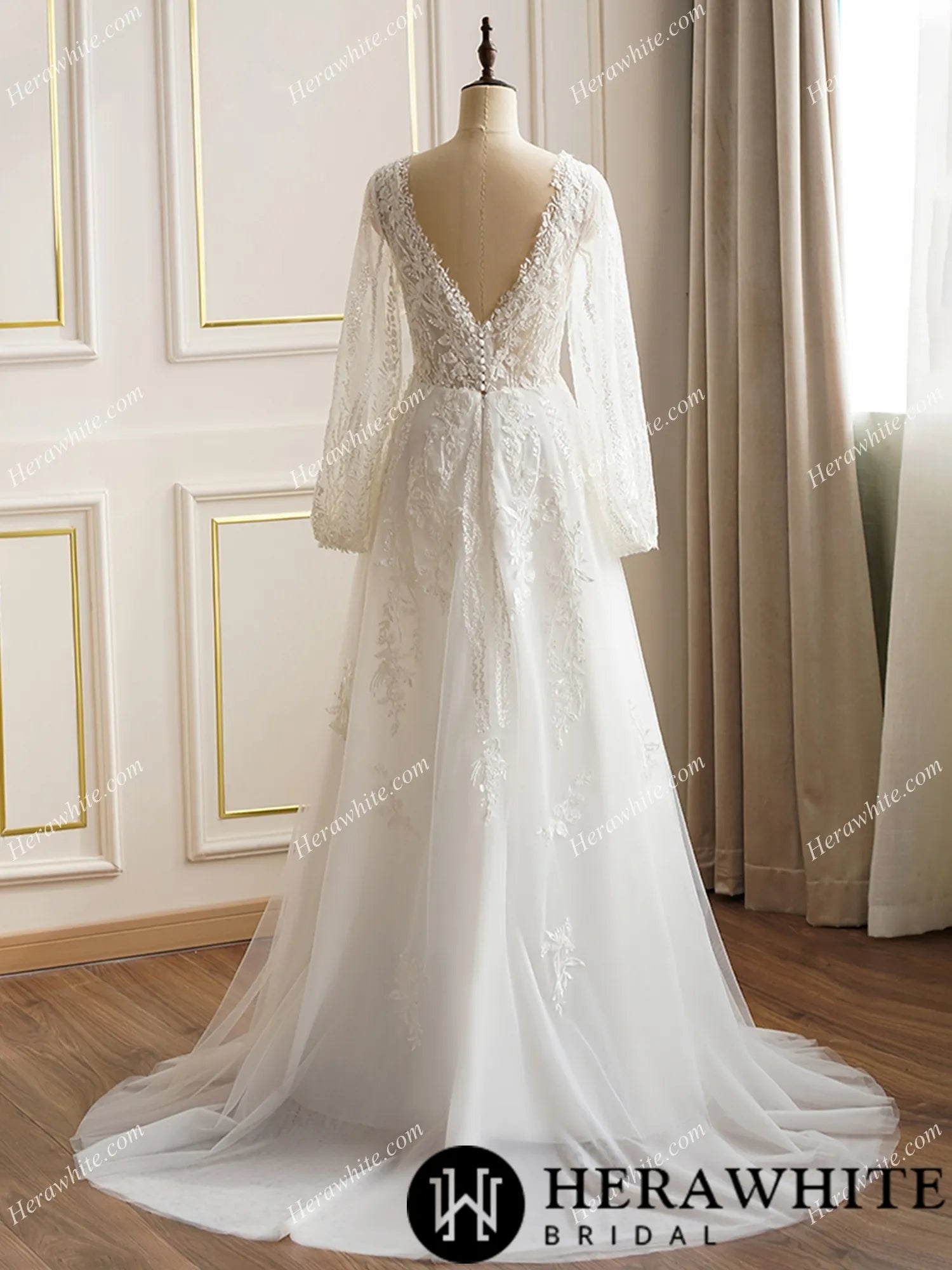 Lace Long Sleeve Plunging Neckline Wedding Dress