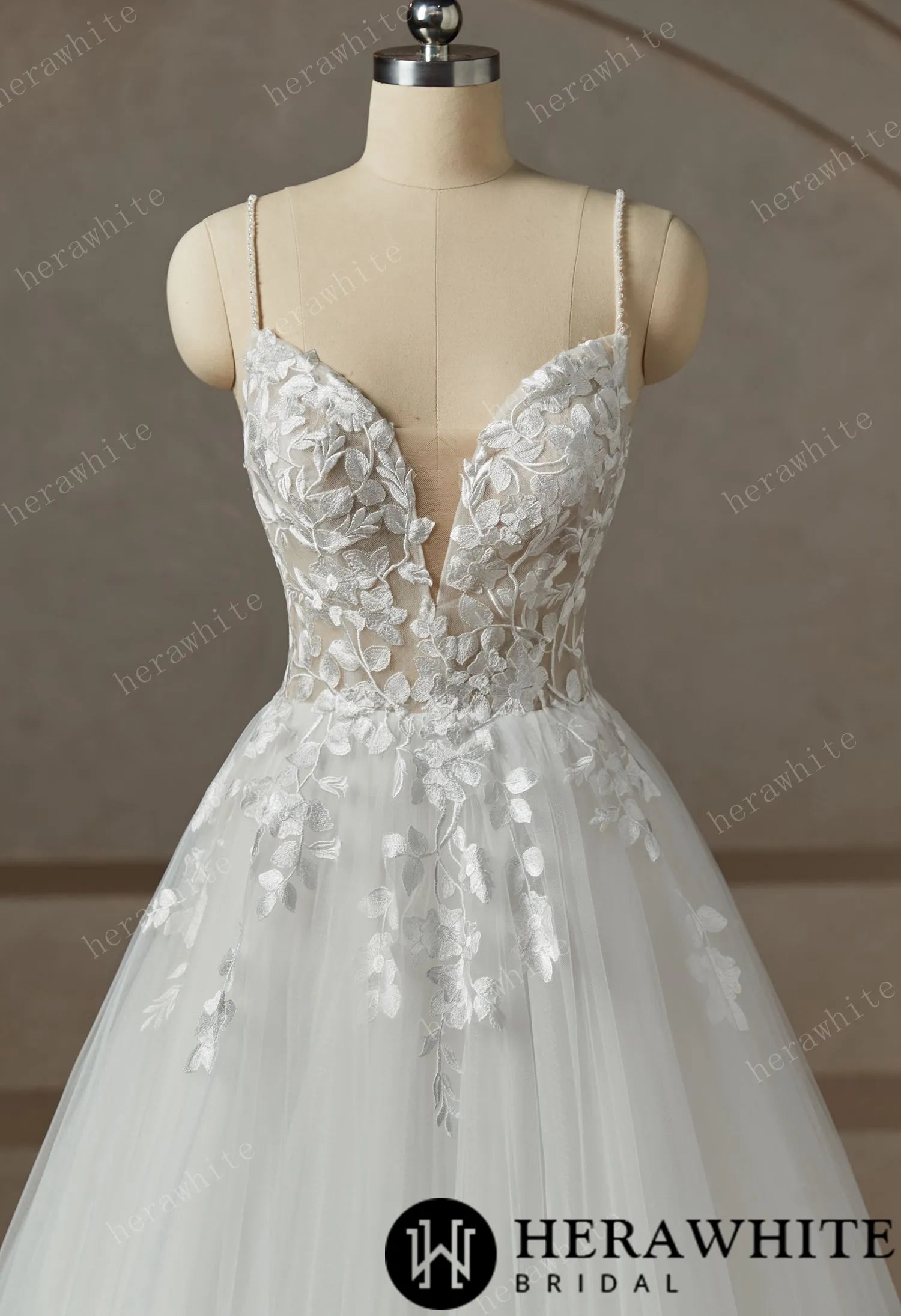 Beaded Strap Lace Tulle Wedding Dress