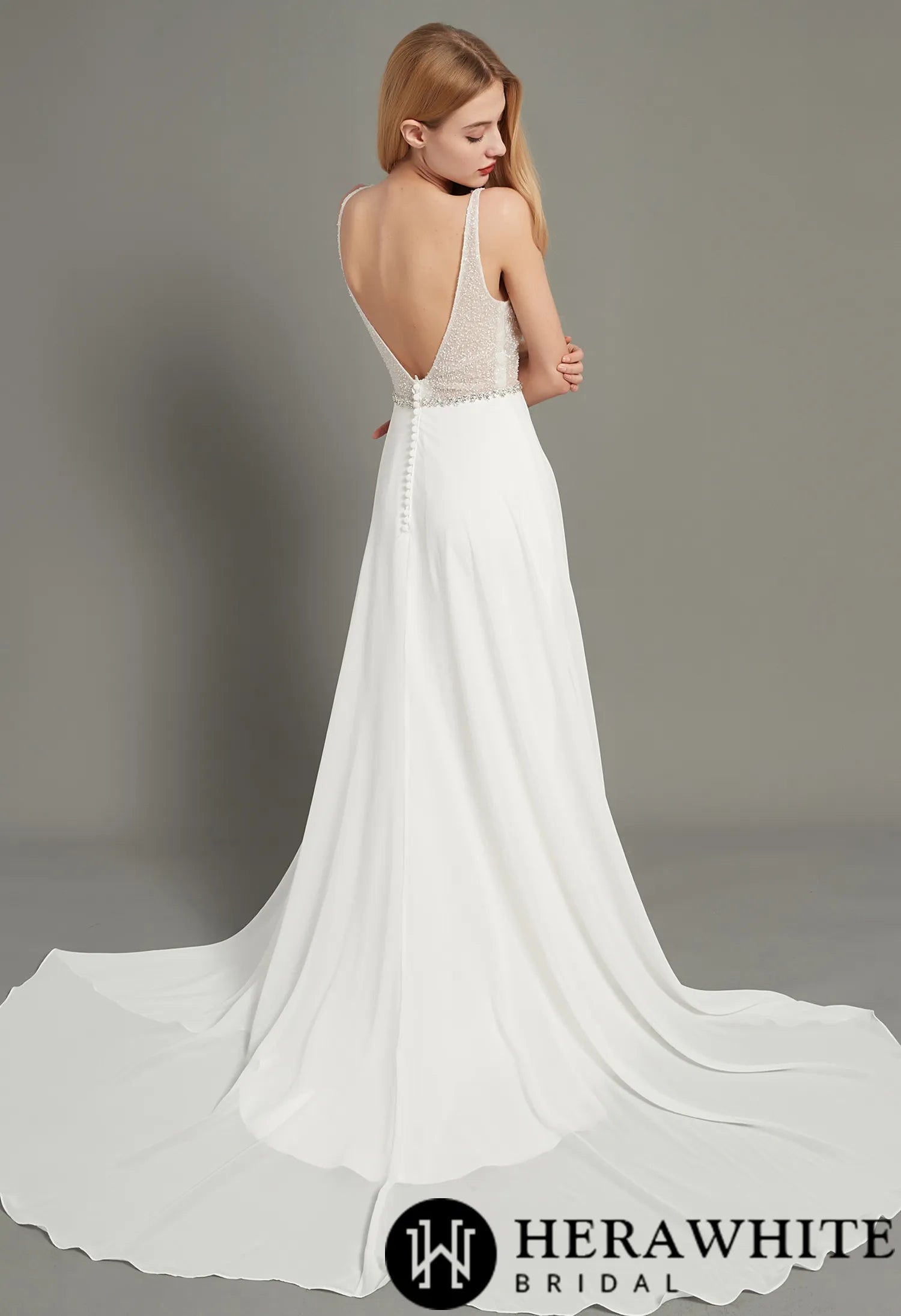 Crystal and beading V Neck Aline Chiffon Wedding Dress