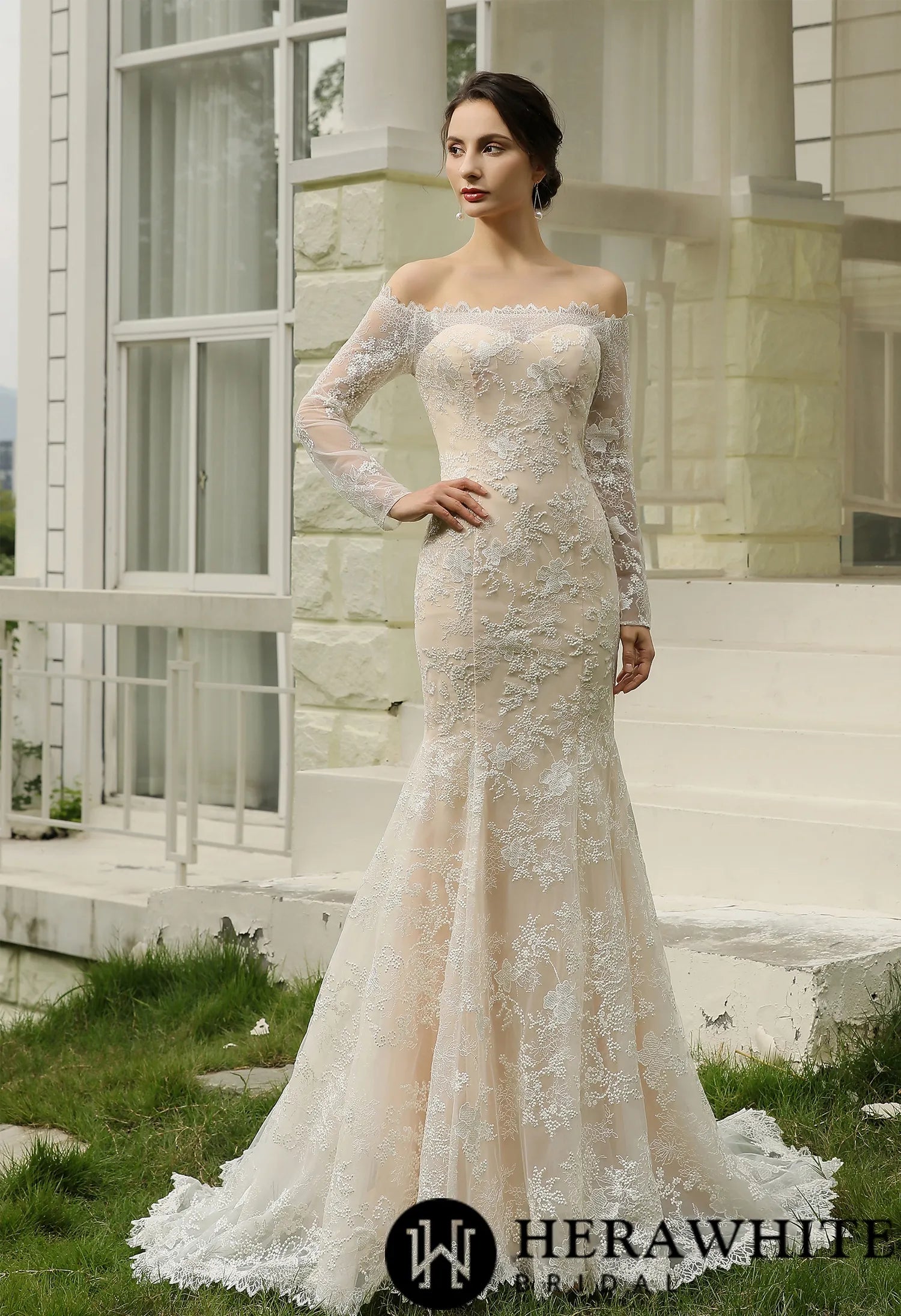 Off-the-Shoulder Sheath Wedding Dress with Luxury Illusion lace