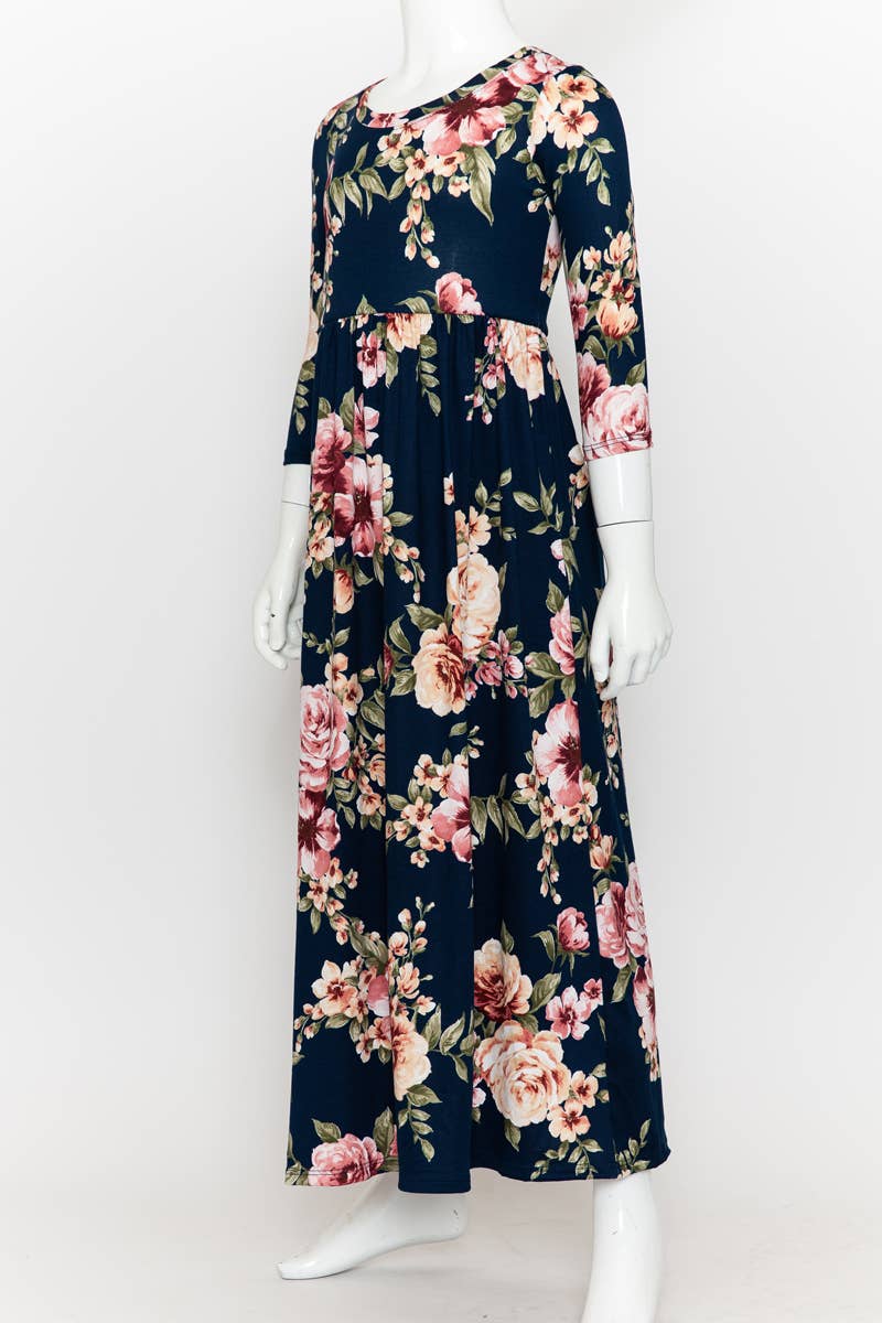 Girls Fit and Flare Floral Maxi Dress: FLORAL ORANGE / L