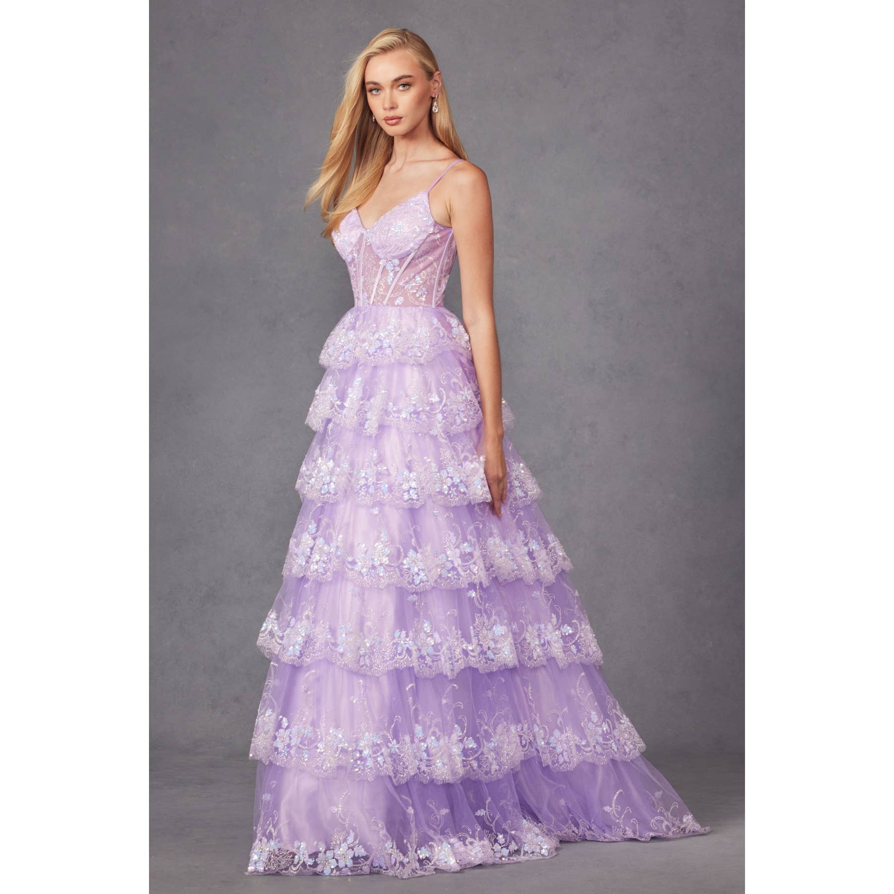 RUFFLE TULLE LACE SEQUIN BALL GOWN WITH SHEER CORSET BODICE