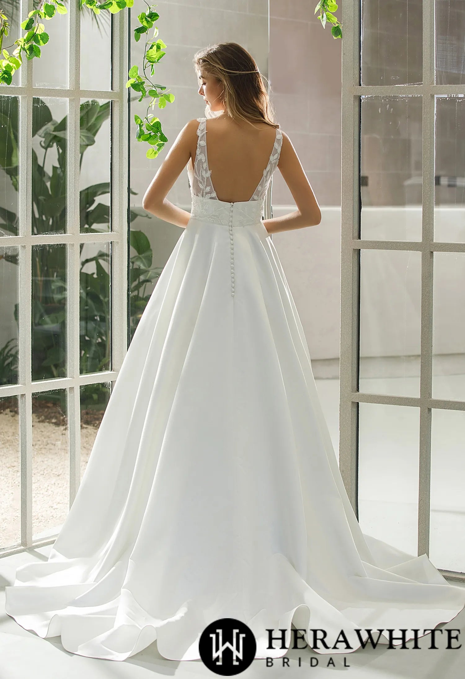 Illusion Bodice Satin A-line Bridal Gown With Pockets